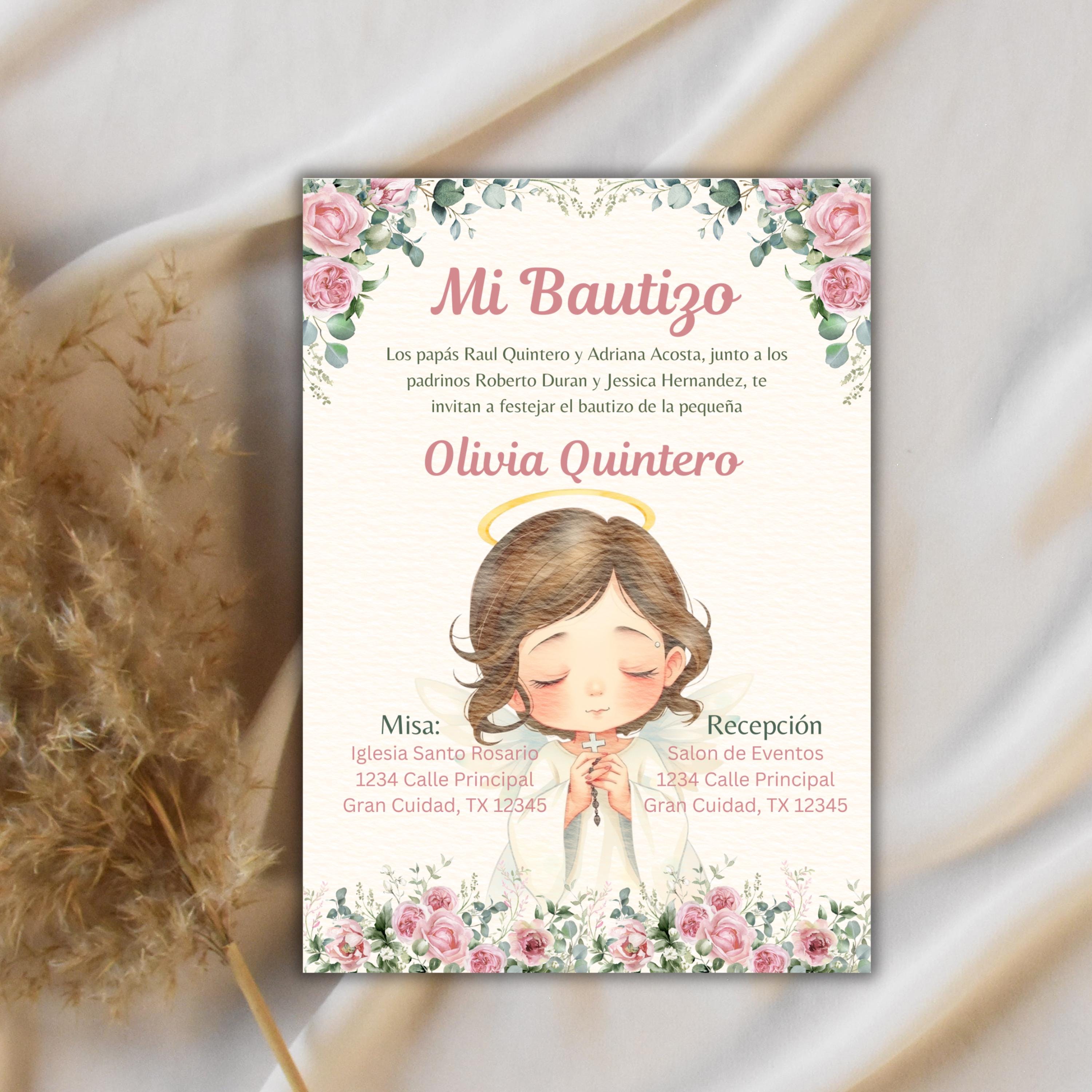 Editable Baptism Invitation, Pink & Green Floral Printable Christening Invite, Instant Download Template
