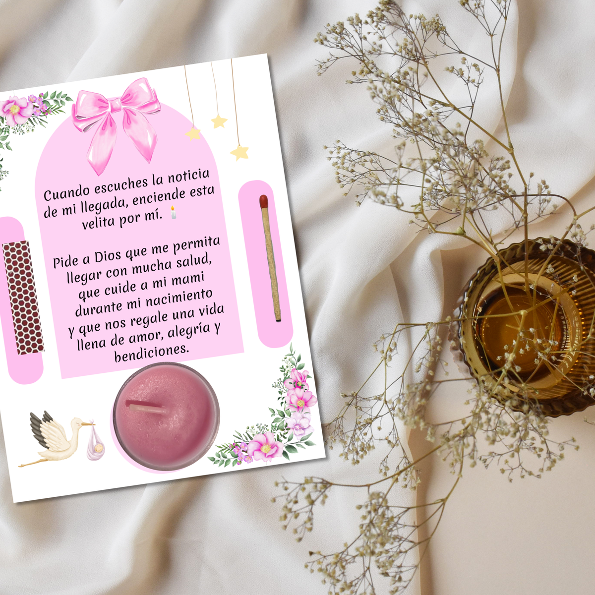 Pink Baby Shower Prayer Candle Favor | Spanish Baby Girl Party Favor