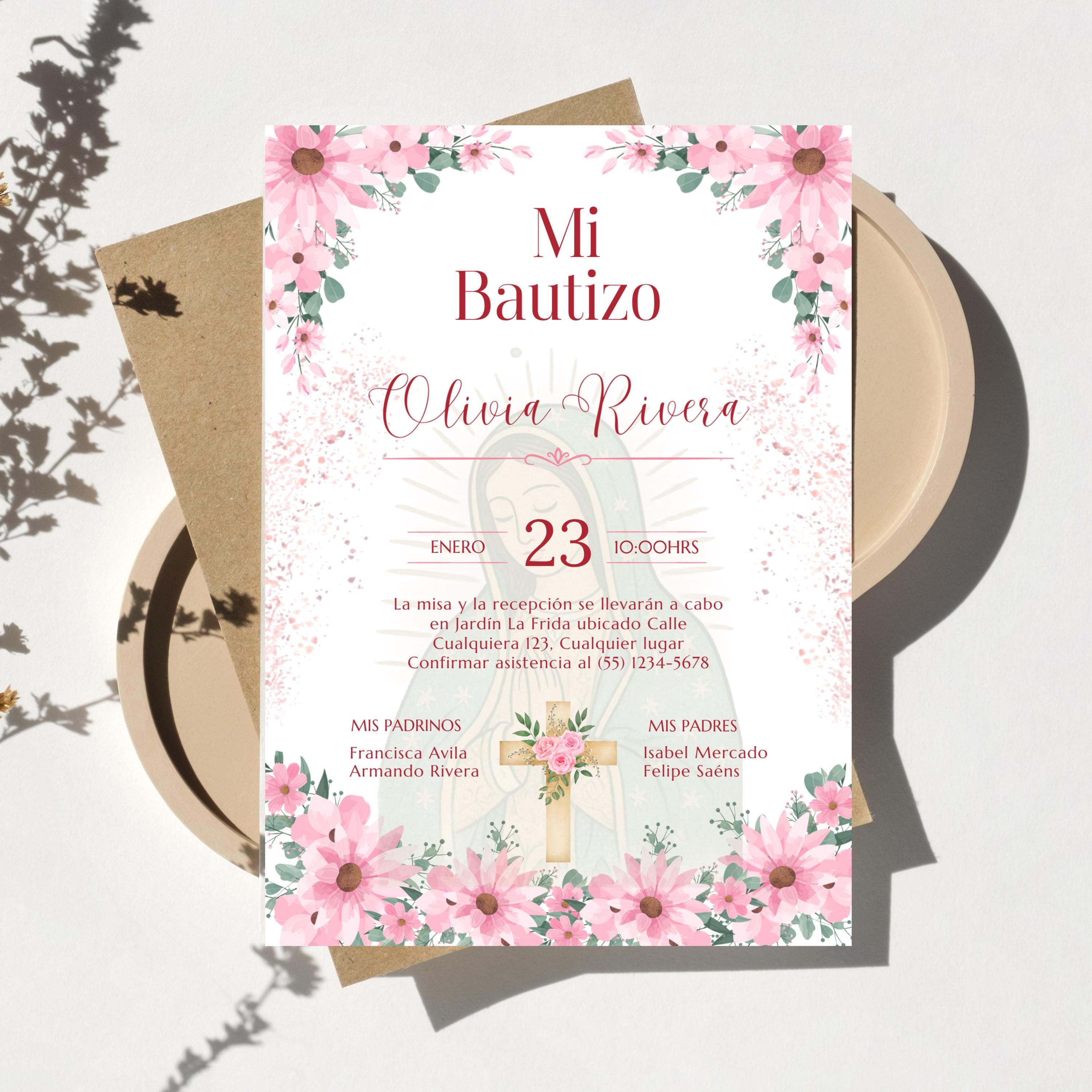 Editable Spanish Baptism Invitation Template, Mi Bautizo Pink Floral Invite, Virgen de Guadalupe