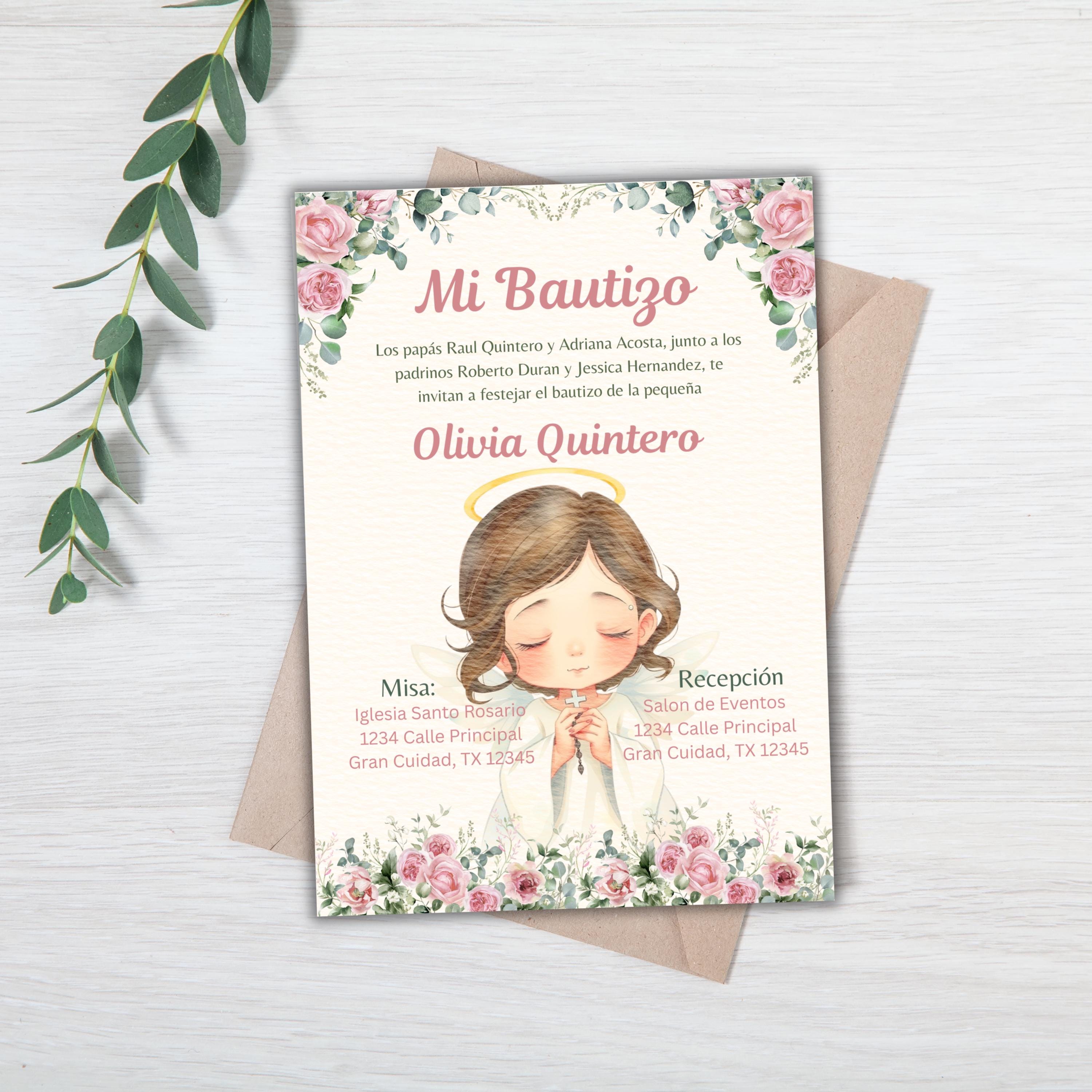 Editable Baptism Invitation, Pink & Green Floral Printable Christening Invite, Instant Download Template