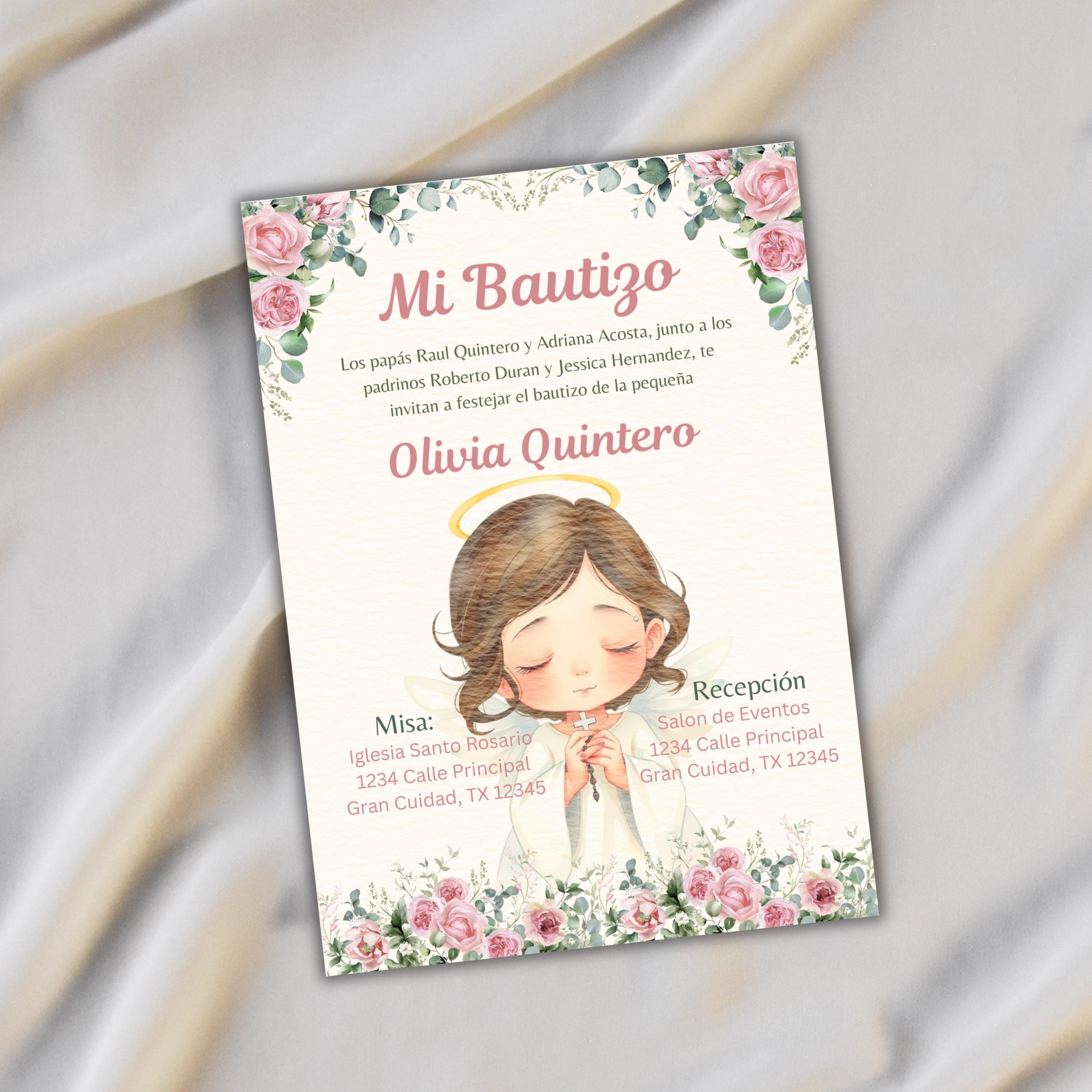Editable Baptism Invitation, Pink & Green Floral Printable Christening Invite, Instant Download Template
