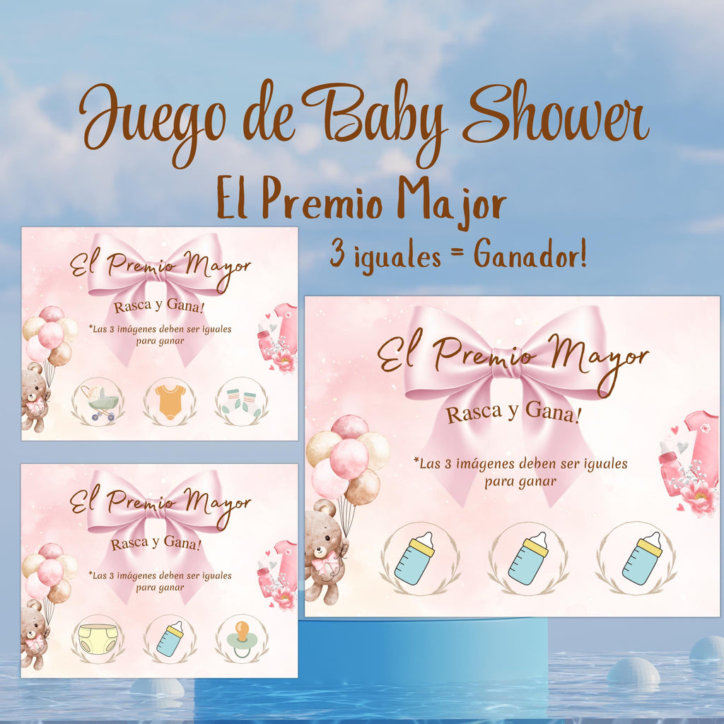 Juego de Baby Shower, El Premio Major, Spanish Pink Bow Scratch-off Game Cards
