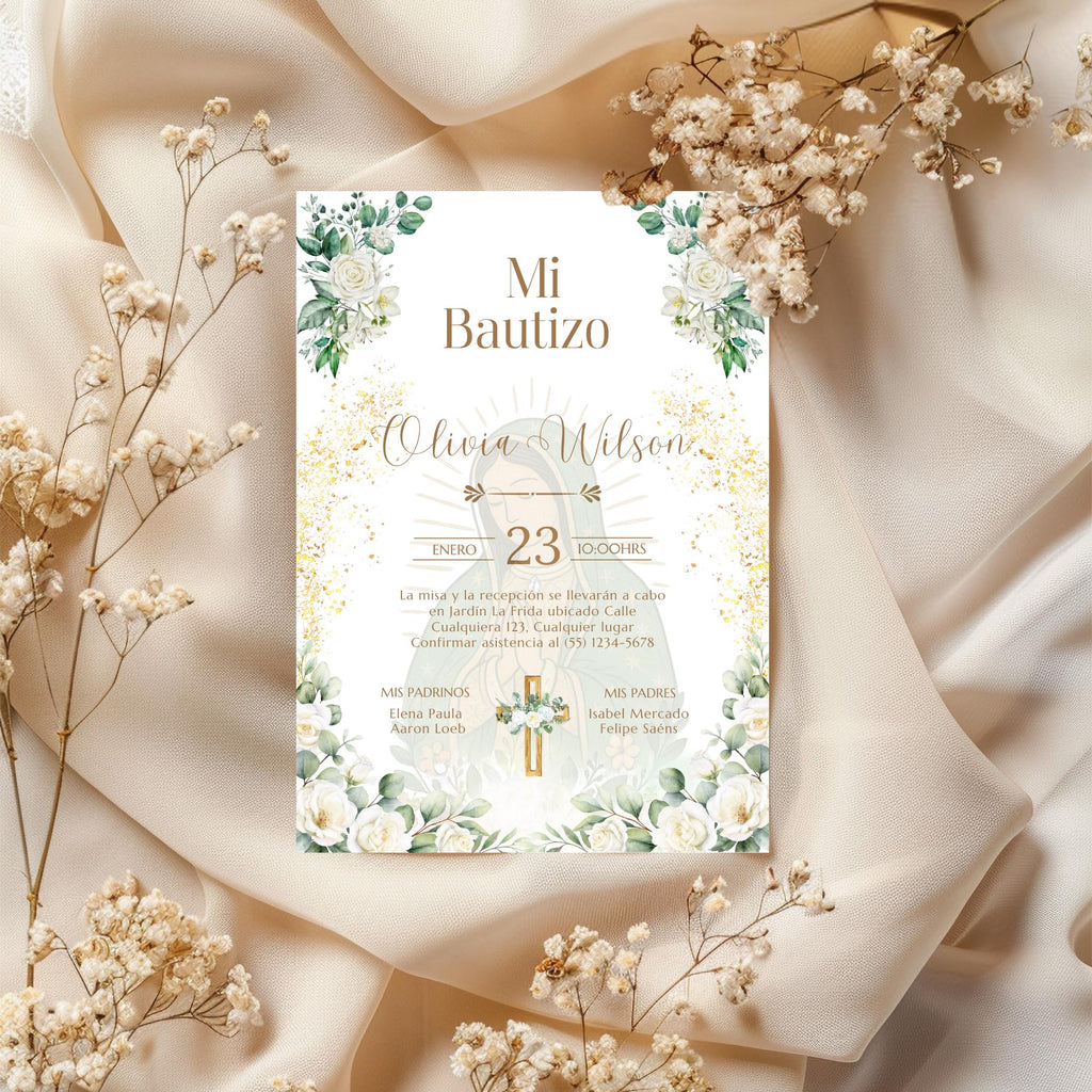 Virgen de Guadalupe Baptism Invitation: Boho Floral Design (5x7 Digital Download)