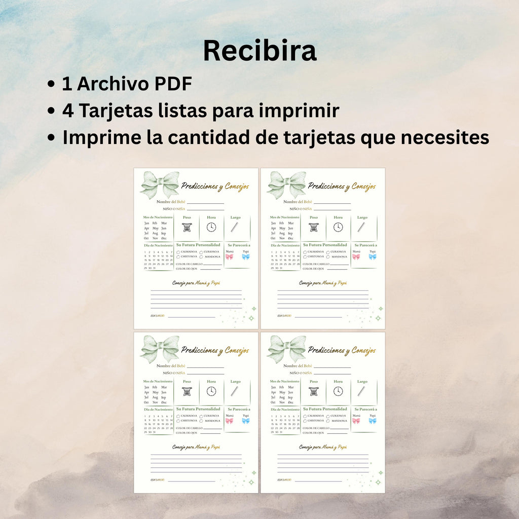 Spanish Baby Shower Prediction and Advice Card Printable, Gender Neutral Green Baby Activity Game