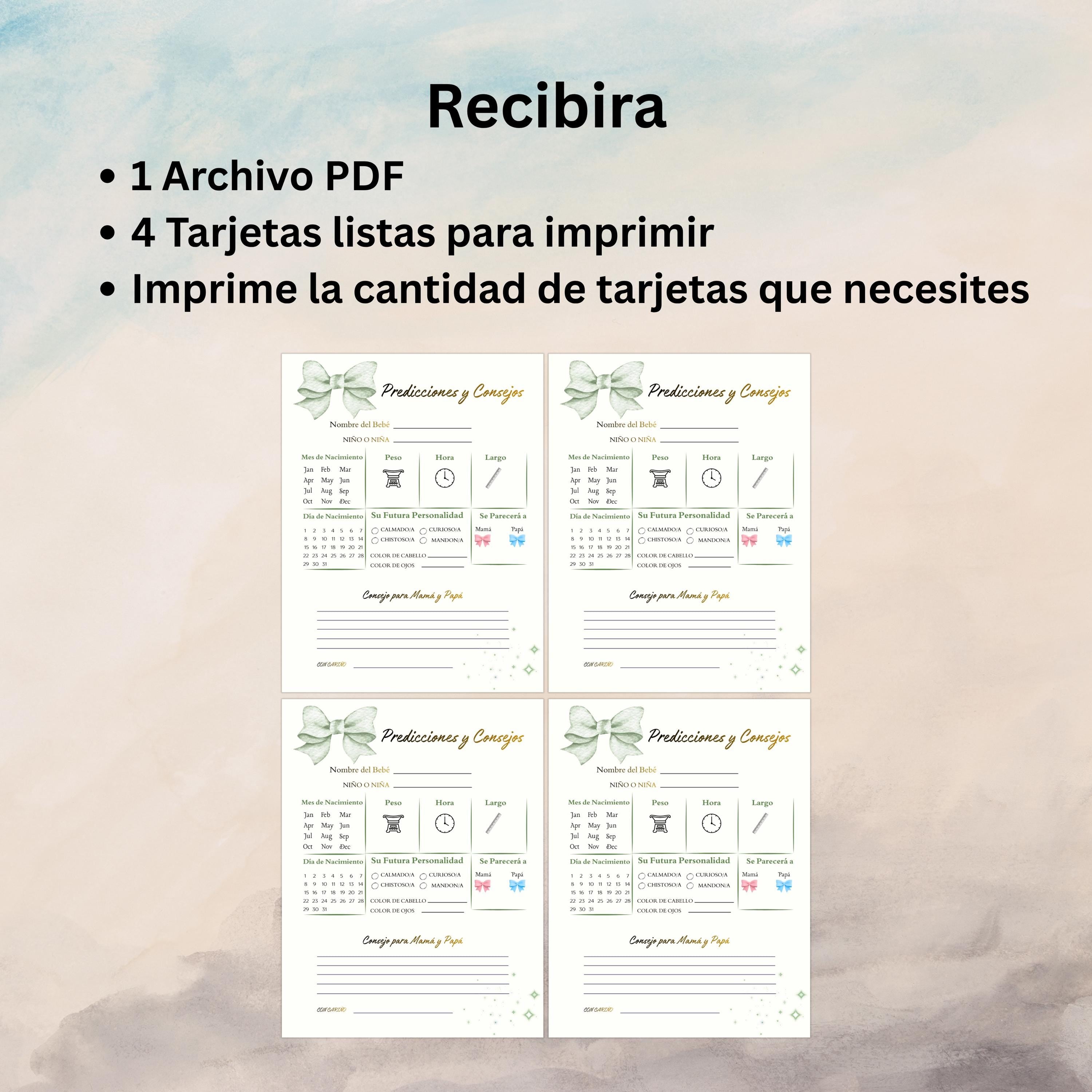 Spanish Baby Shower Prediction and Advice Card Printable, Gender Neutral Green Baby Activity Game