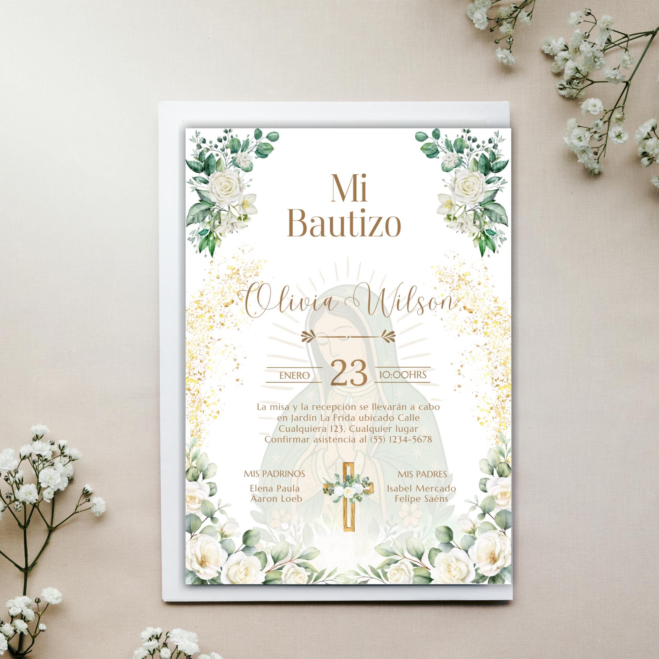 Invitacio de Bautizo Para Nina o Nino, Virgen de Guadalupe Boho Floral Invite Design