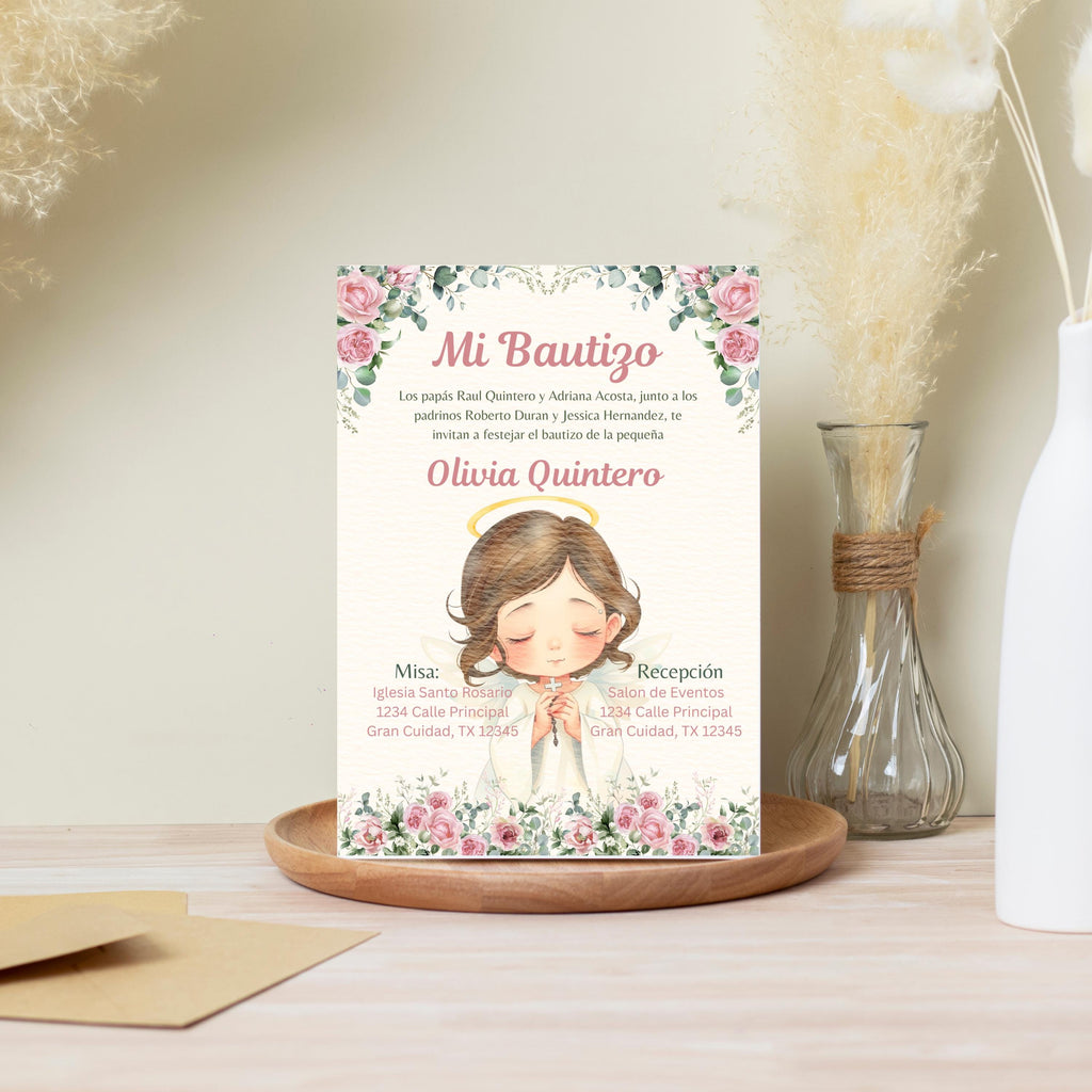 Editable Baptism Invitation, Pink & Green Floral Printable Christening Invite, Instant Download Template