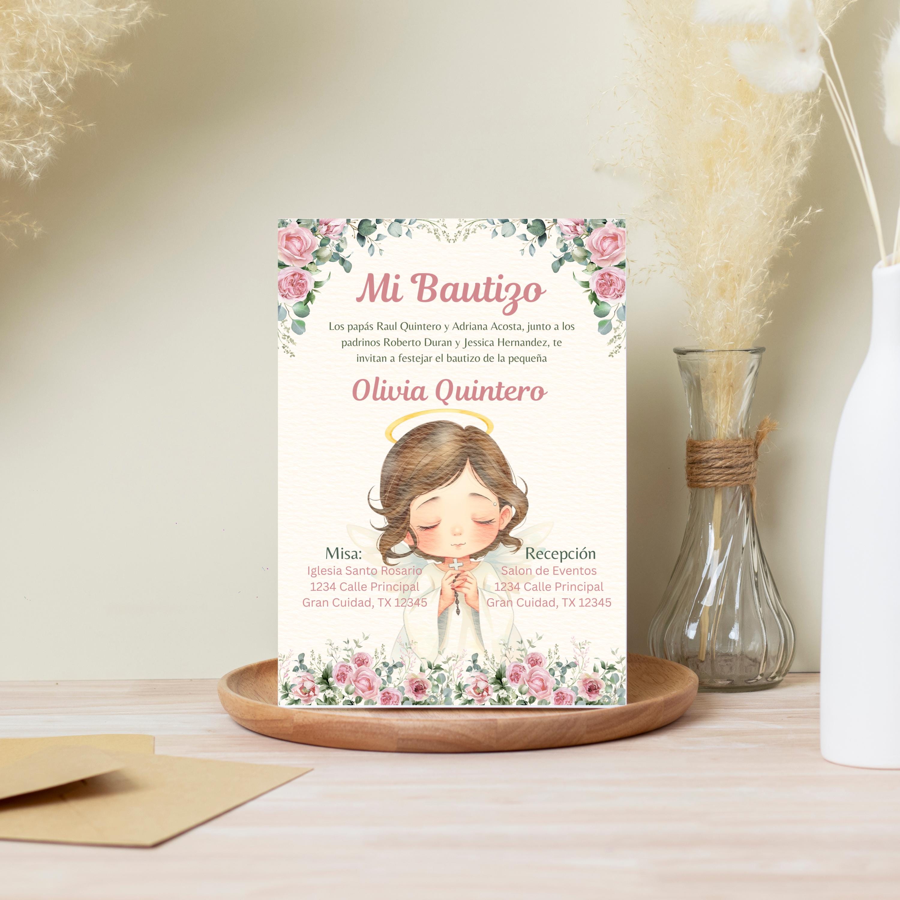 Editable Baptism Invitation, Pink & Green Floral Printable Christening Invite, Instant Download Template