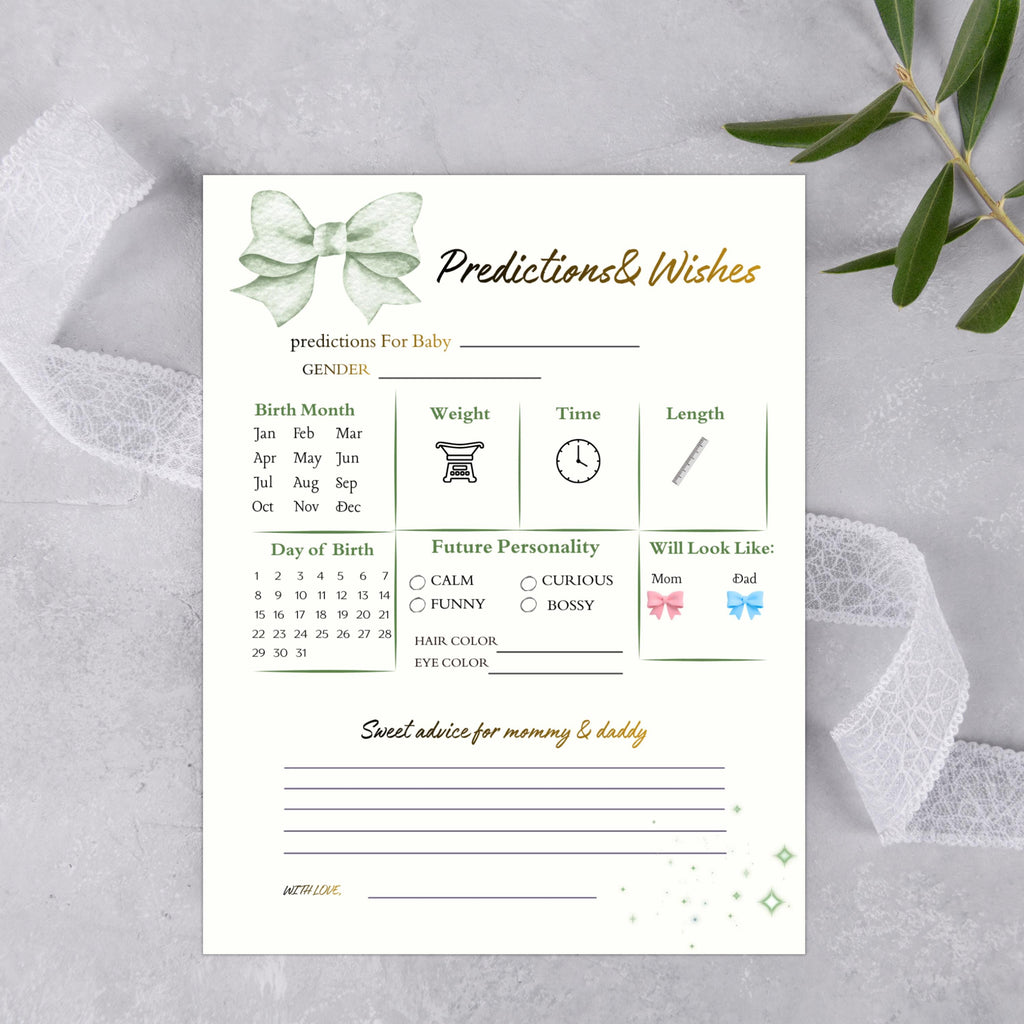 Baby Shower Prediction And Wishes Card, Boho Gender Neutral, Green Printable Cards, Digital Download