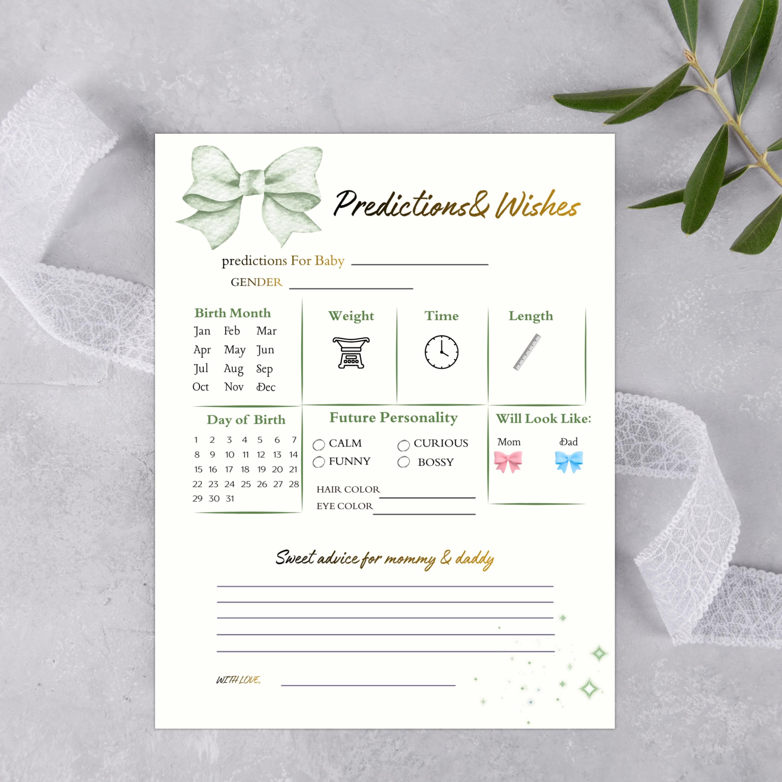 Baby Shower Prediction And Wishes Card, Boho Gender Neutral, Green Printable Cards, Digital Download