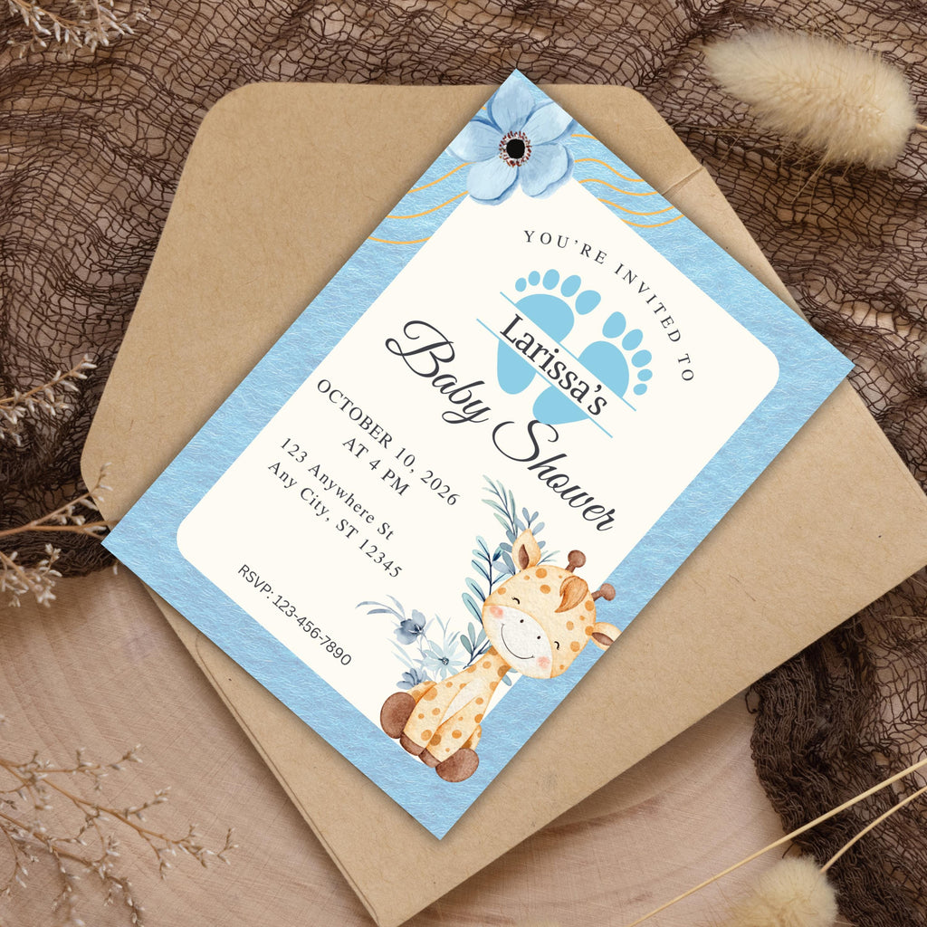 Editable Baby Shower Invitation, Blue Floral Boy Invite, Canva Personalized Template, Digital Download