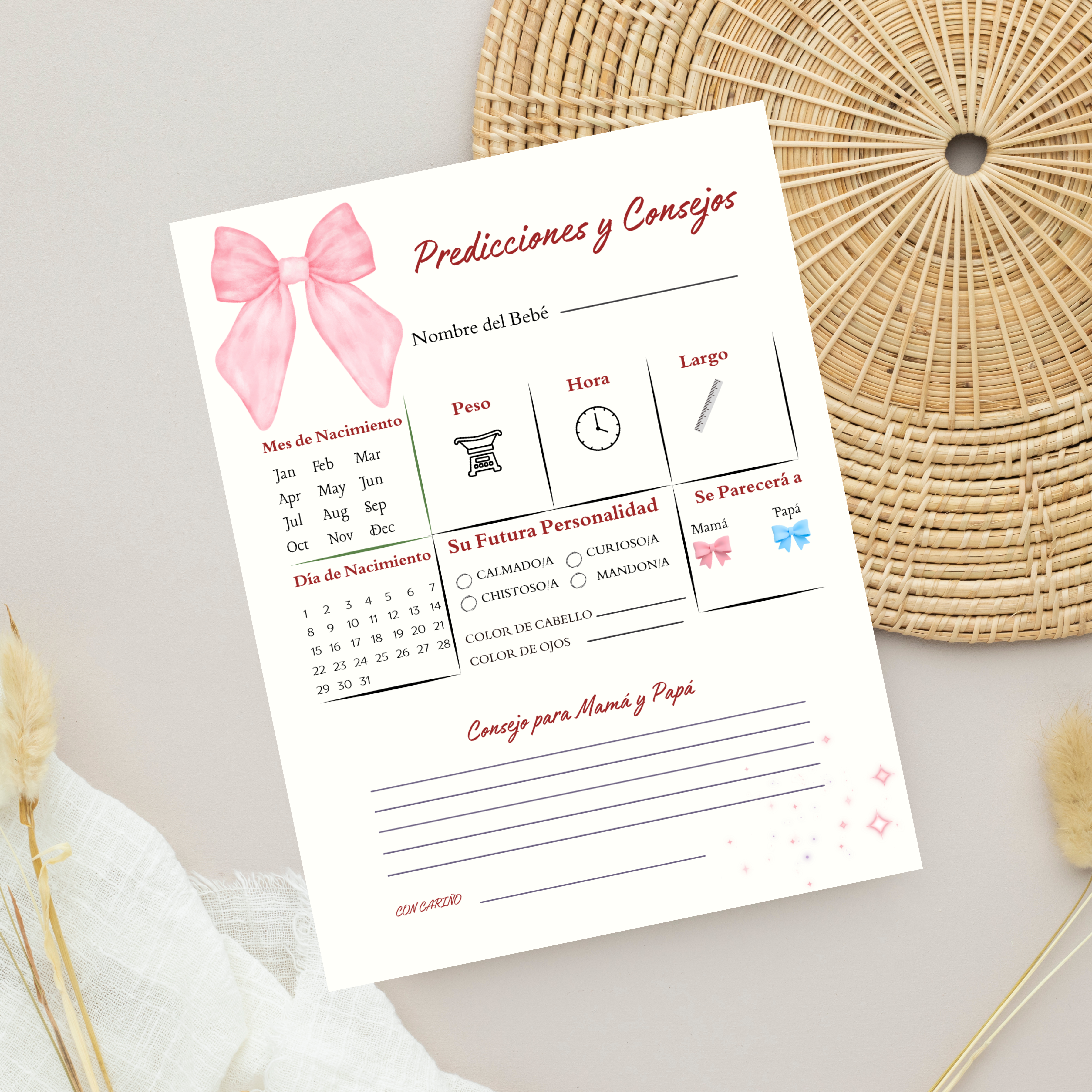 Spanish Baby Shower Prediction and Advice Card Printable, Gender Neutral Green Baby Activity Game