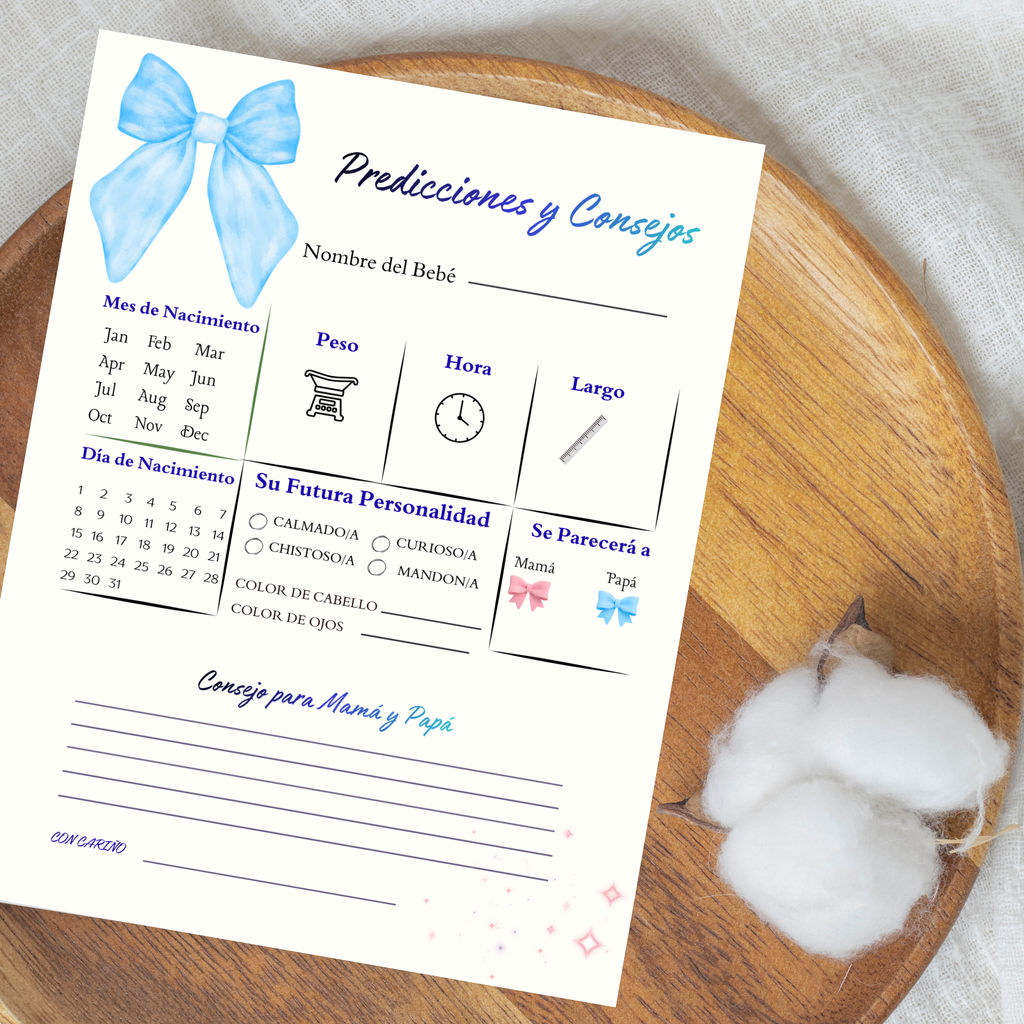 Spanish Baby Shower Prediction and Advice Card Printable, Gender Neutral Green Baby Activity Game