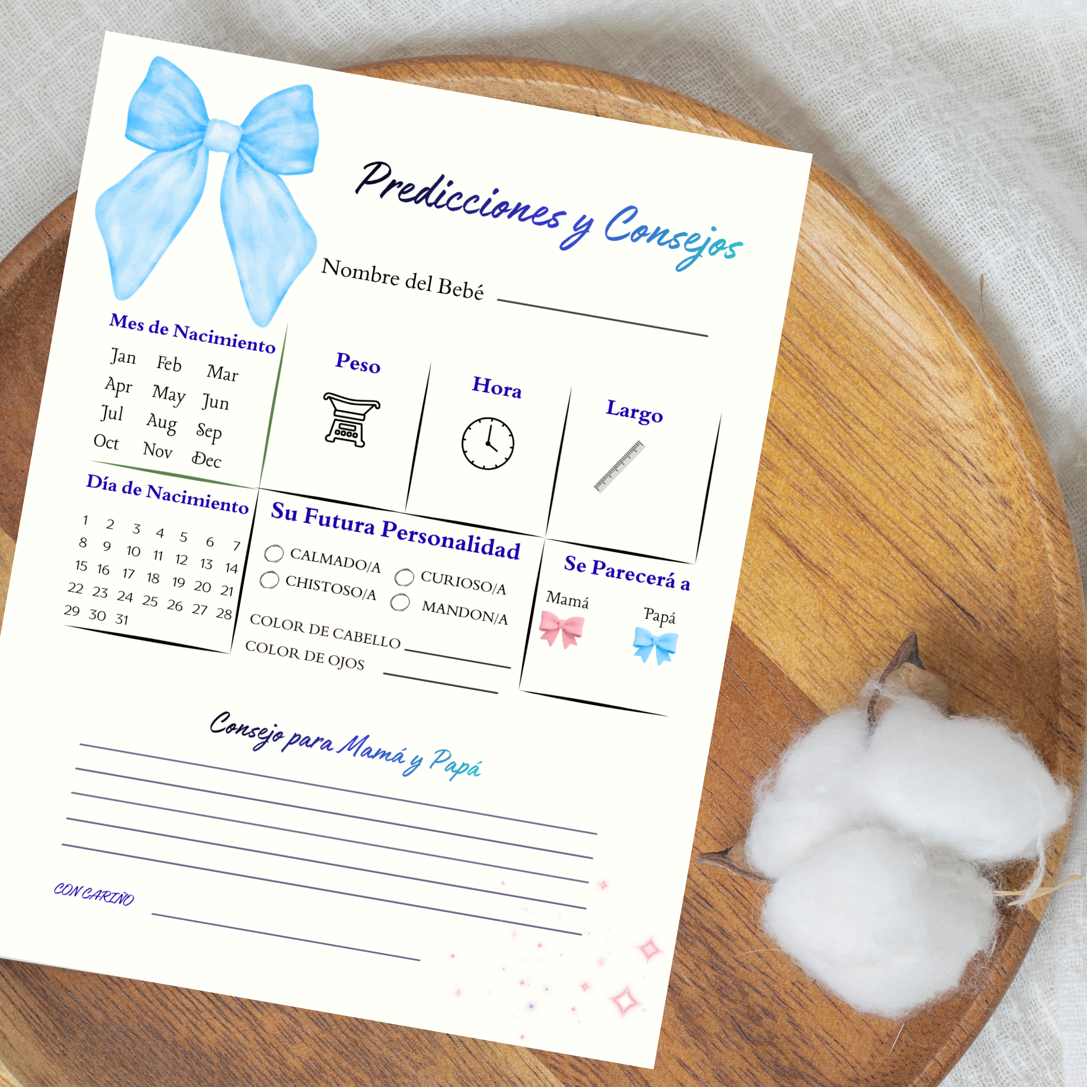 Spanish Baby Shower Prediction and Advice Card Printable, Gender Neutral Green Baby Activity Game
