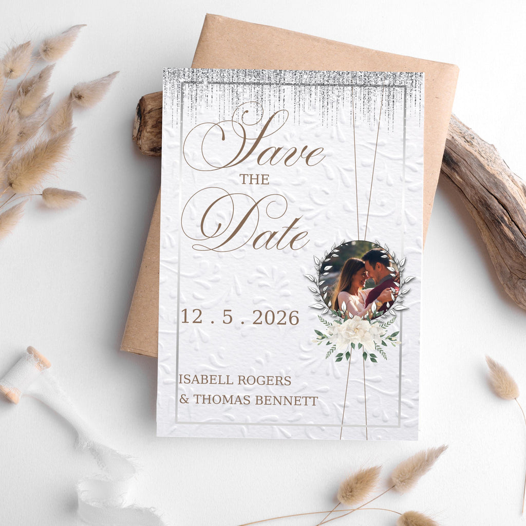 Wedding Invitation and Save the Date Set, White and Silver Elegant Invite, Digital Canva Template