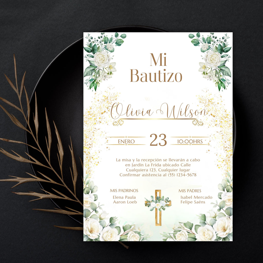 Baptism Invitation, Invitacion de Bautizo, Floral Boho Elegant Invitation for Religious Event