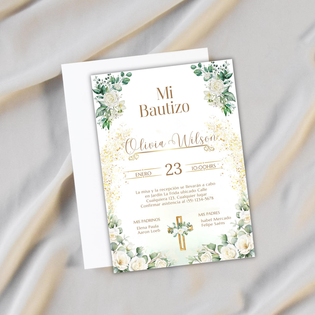 Elegant Floral Bautizo Invitation: Editable Digital Template, Baptism Invite