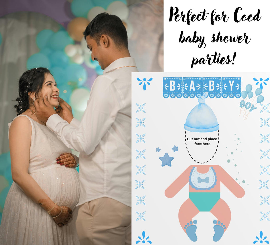 Funny Baby Shower Game: Feed the Baby Poster, Blue Theme (Digital Download) Face Cut Out