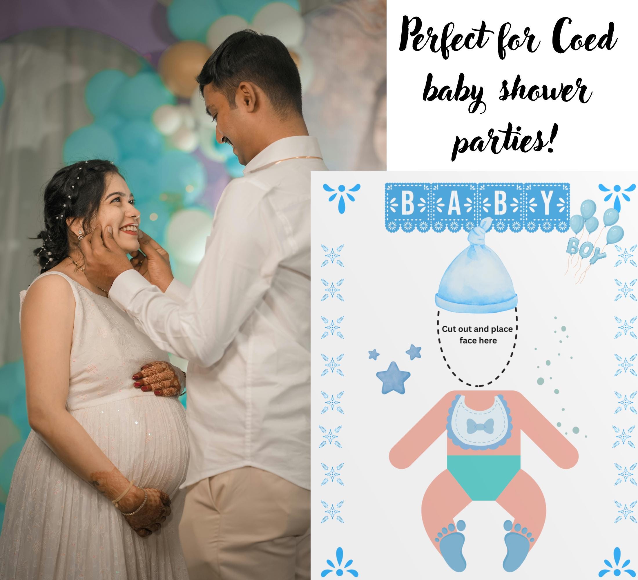 Funny Baby Shower Game: Feed the Baby Poster, Blue Theme (Digital Download) Face Cut Out