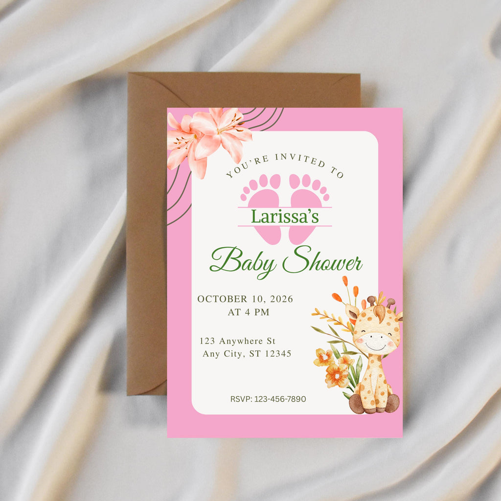 Editable Baby Shower Invitation Girl, Personalized Pink Party Invite, Canva Template, Instant Download