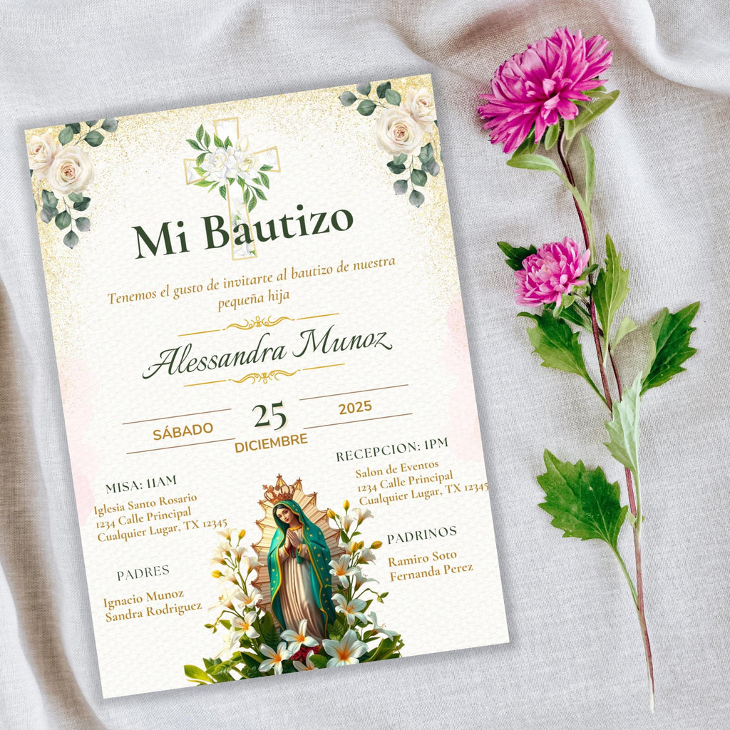 Virgen de Guadalupe Baptism Invitation: Spanish/English Boho Floral Religious Invite (Digital Download)