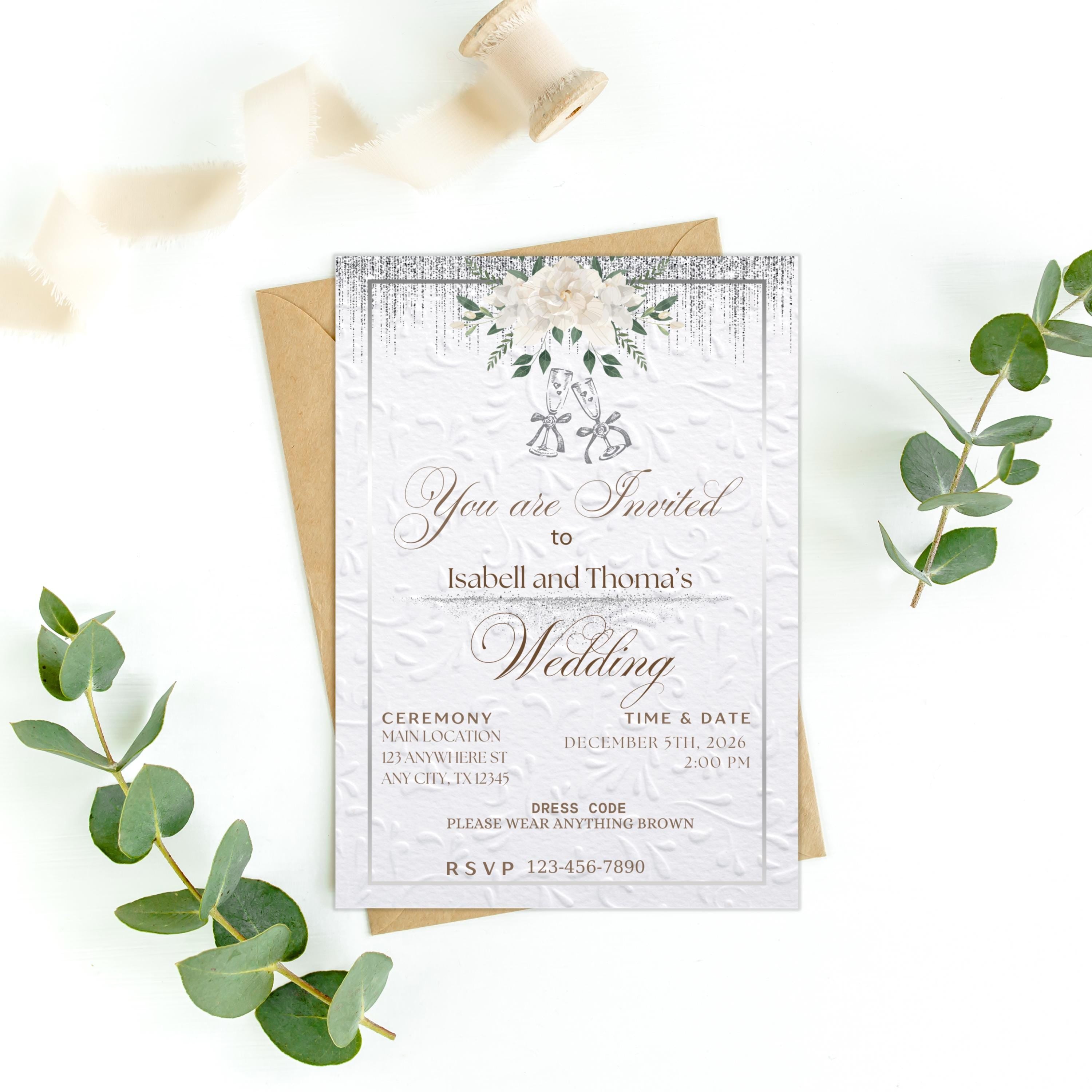White and Silver Elegant Wedding Invitation, Digital Canva Template For Minimalistic Wedding Invite