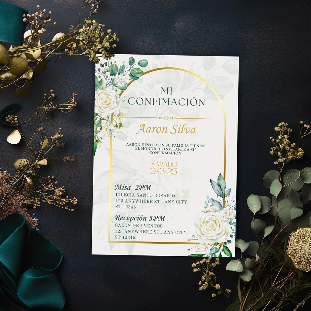 Boho Floral Confirmation Invitation Template, Spanish Editable Digital (5x7)