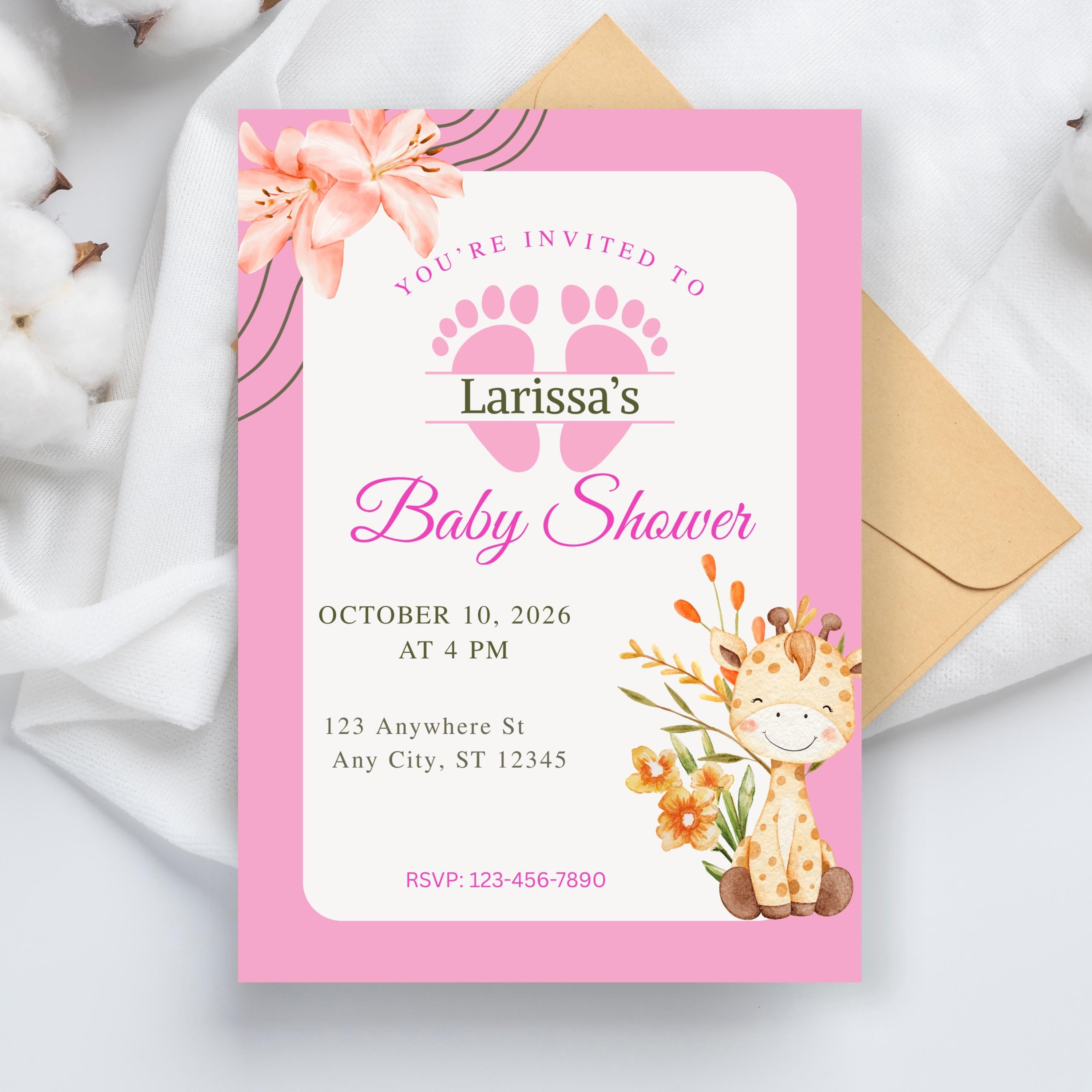 Editable Baby Shower Invitation Girl, Personalized Pink Party Invite, Canva Template, Instant Download