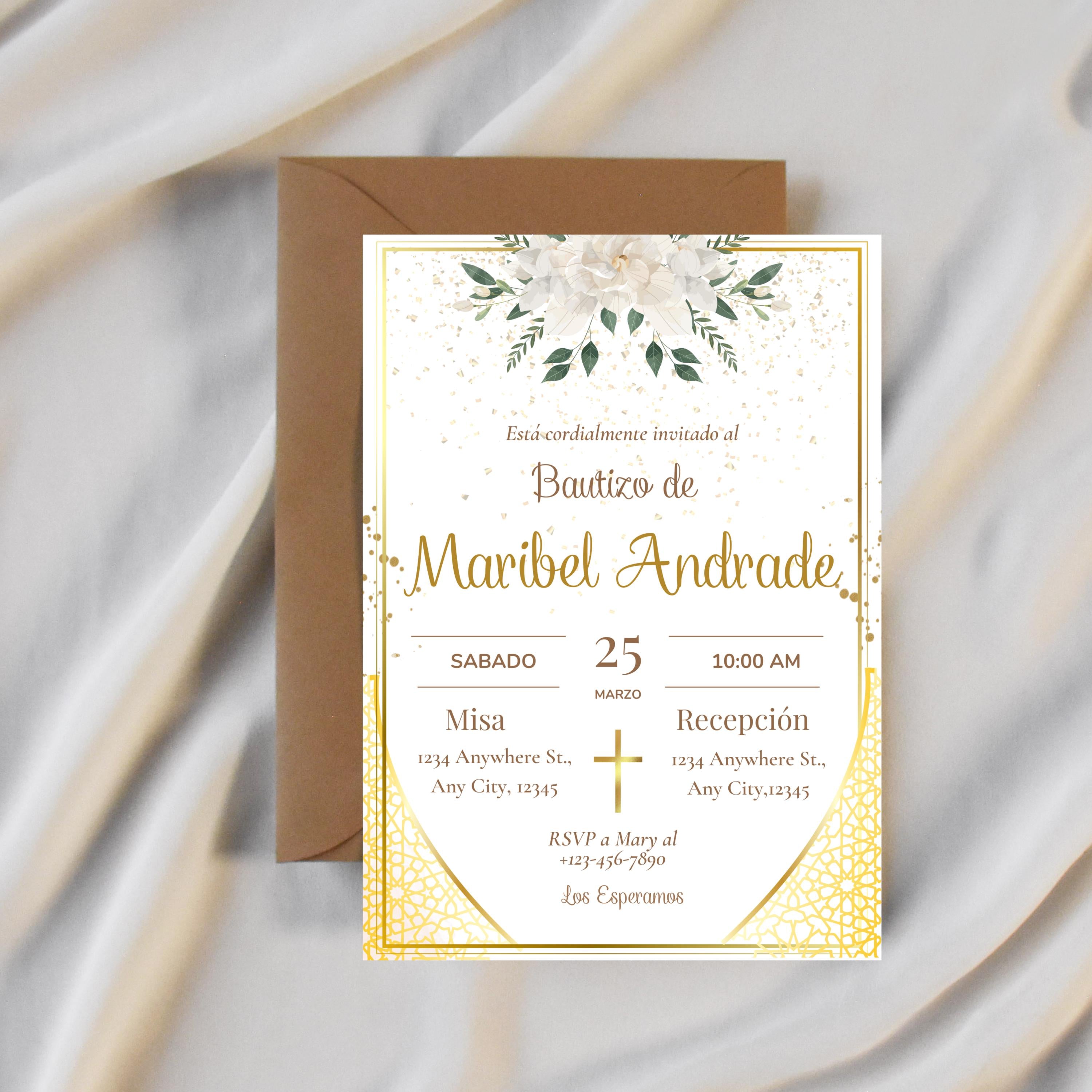 Baptism Gold Spanish Invitation Template, Elegant Mi Bautizo 5x7 Digital Invite, Printable Christening Invitation