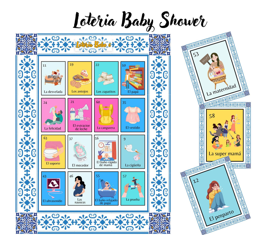 Talavera Baby Shower Loteria Game: Mexican Theme, Blue Design (PDF Downloadable Cards and Boards)