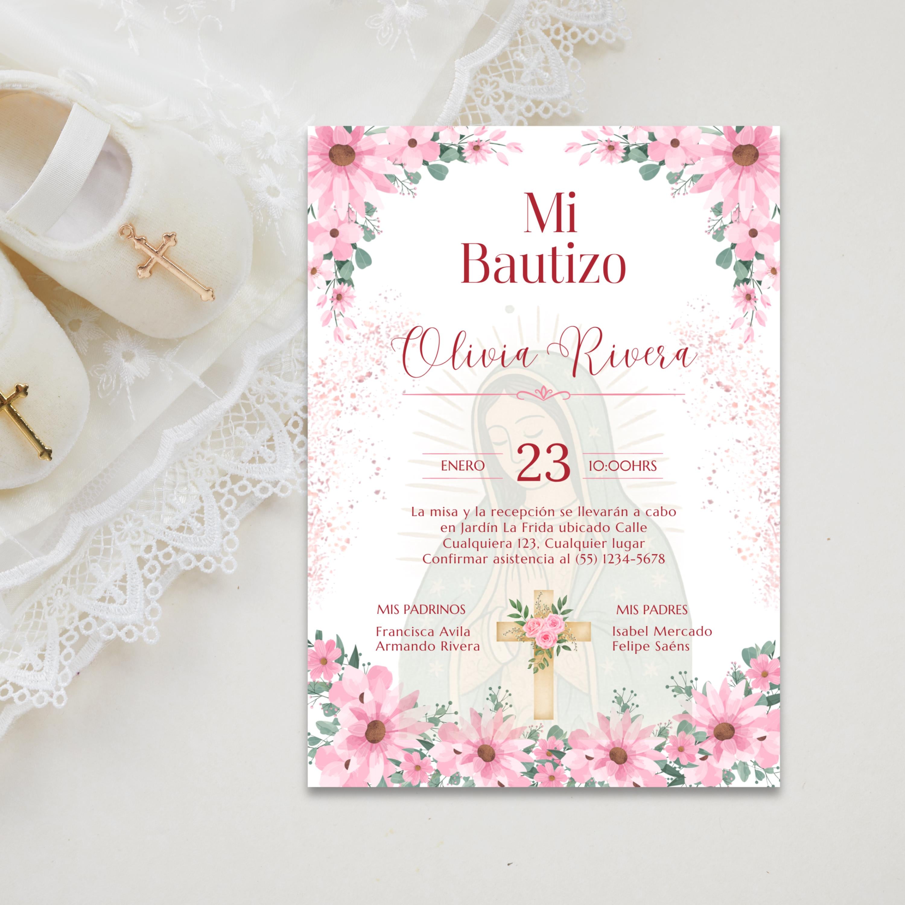 Editable Spanish Baptism Invitation Template, Mi Bautizo Pink Floral Invite, Virgen de Guadalupe
