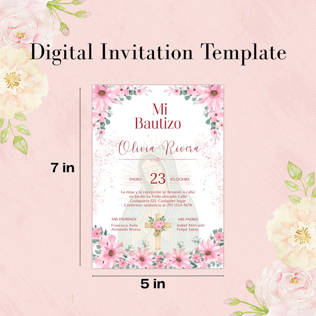 Editable Spanish Baptism Invitation Template, Mi Bautizo Pink Floral Invite, Virgen de Guadalupe