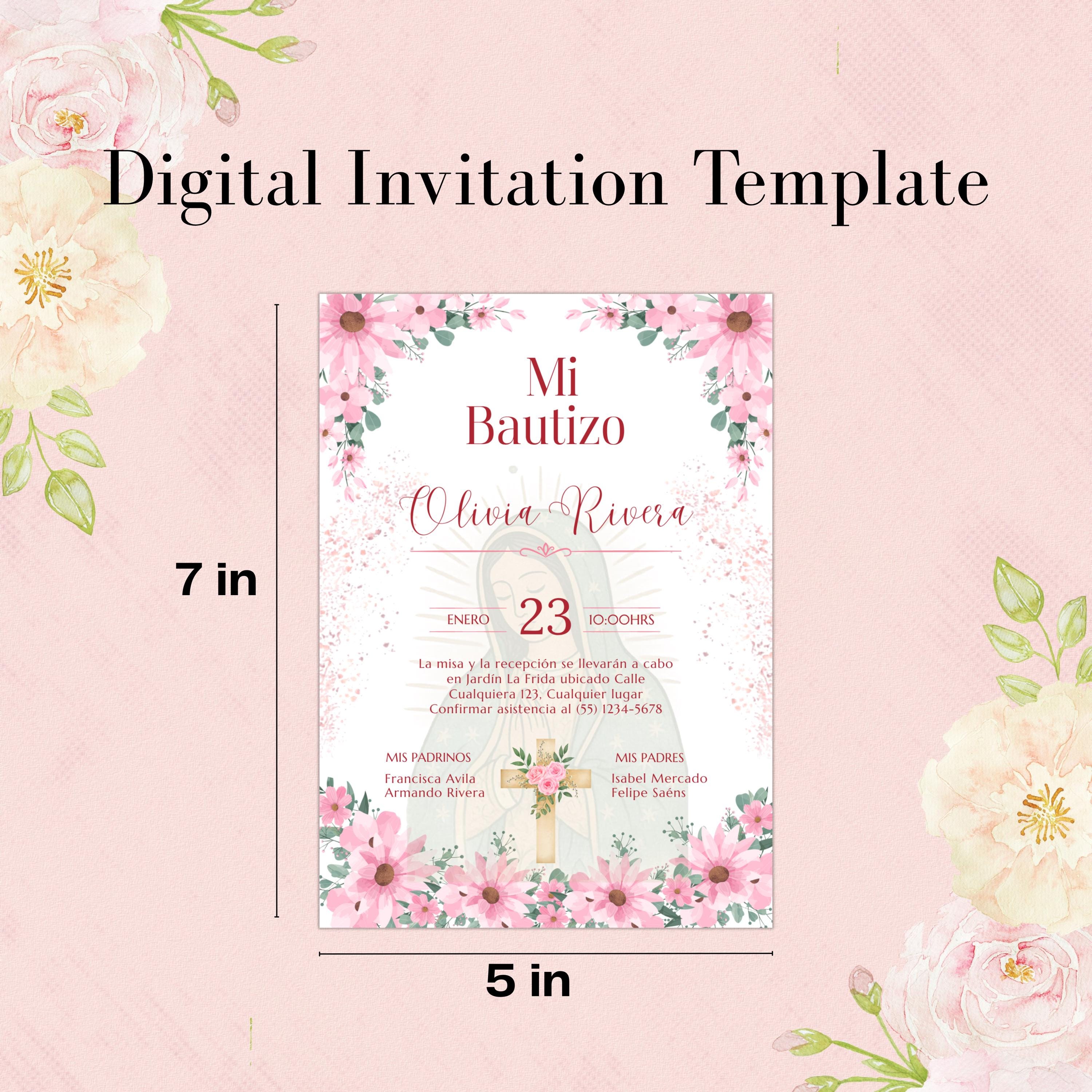Editable Spanish Baptism Invitation Template, Mi Bautizo Pink Floral Invite, Virgen de Guadalupe