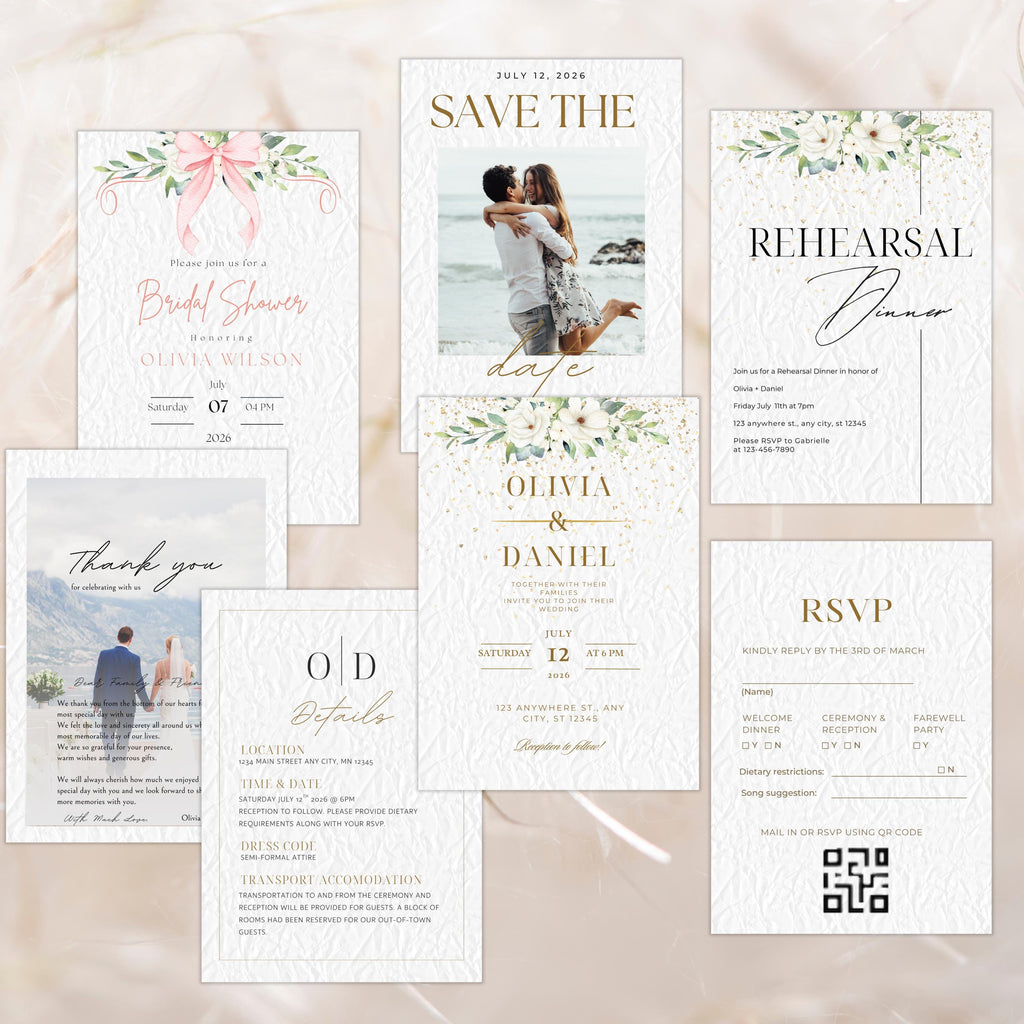 Boho Wedding Invitation Bundle Template, Gold and White Elegant  Minimalistic Invite, RSVP, Save The Date