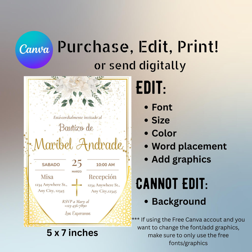 Spanish Gold Baptism Invitation Template, Mi Bautizo Elegant 5x7 Digital Invite, Printable Christening Invitation