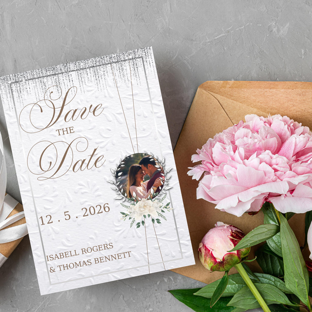 Wedding Invitation and Save the Date Set, White and Silver Elegant Invite, Digital Canva Template