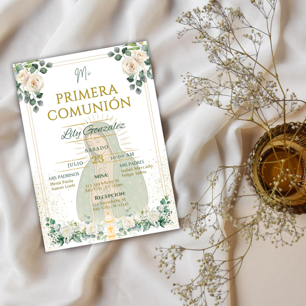 Invitación Mi Primera Comunión Niño o Niña, Invitacion Virgen de Guadalupe Para Evento Religioso