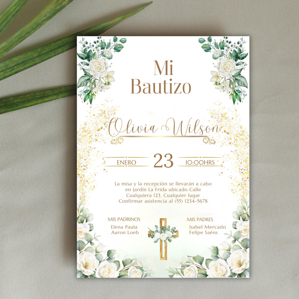 Elegant Floral Bautizo Invitation: Editable Digital Template, Baptism Invite