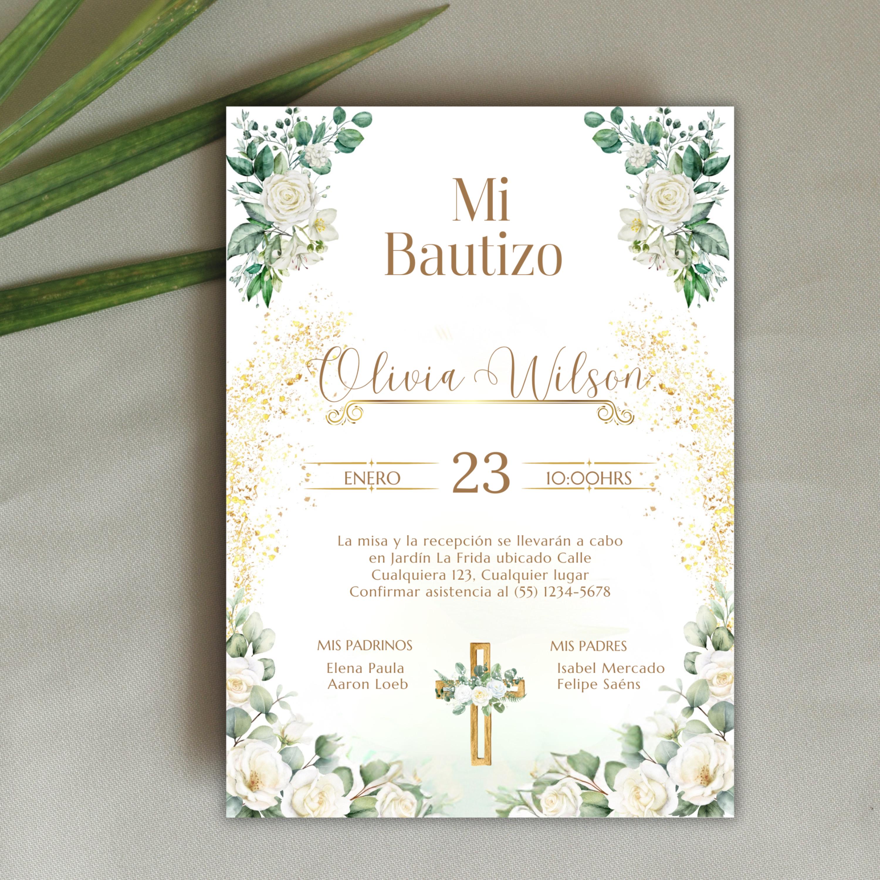 Elegant Floral Bautizo Invitation: Editable Digital Template, Baptism Invite