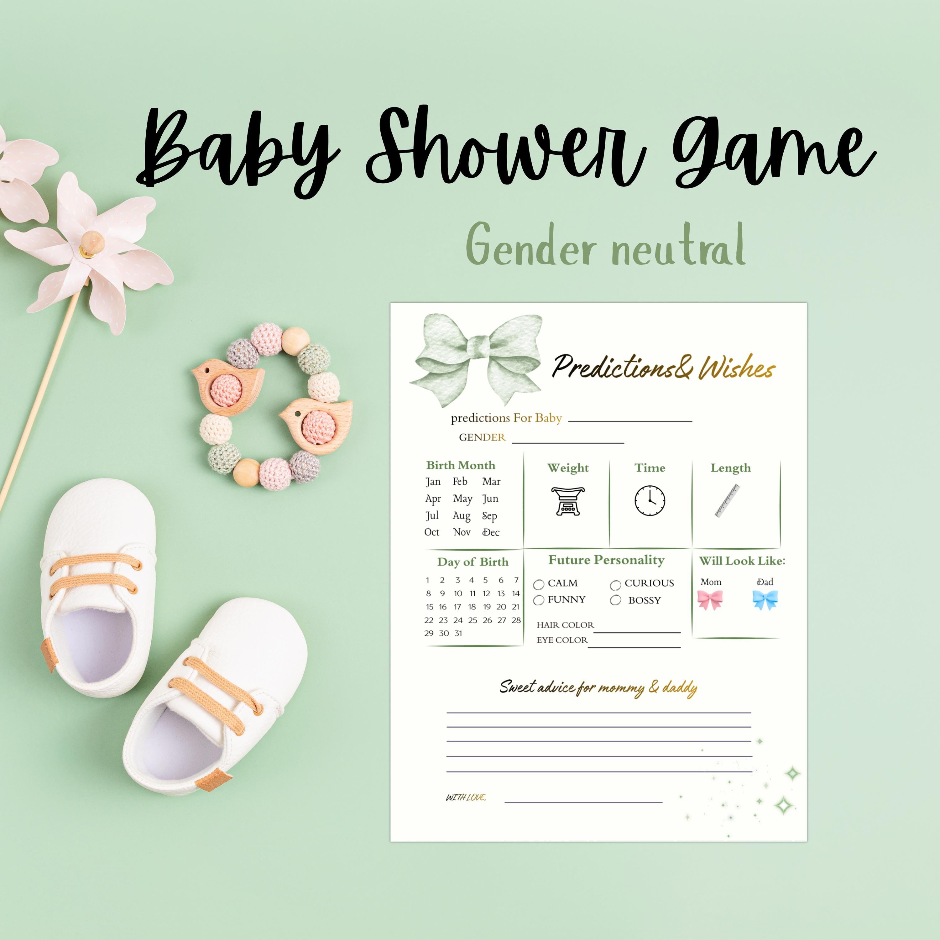 Baby Shower Prediction And Wishes Card, Botanical Gender Neutral, Green Printable Cards, Digital Download