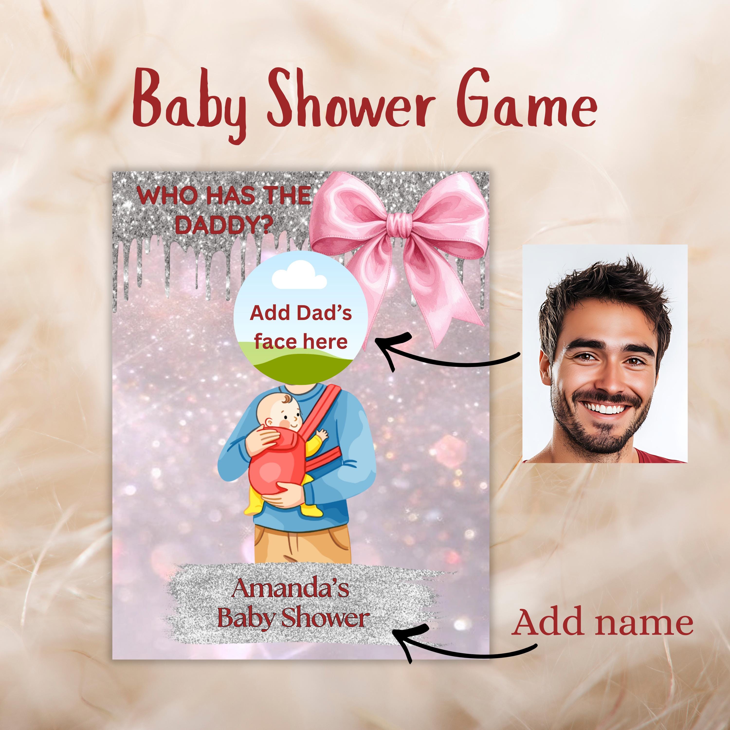 Digital Baby Shower Game, Who Has The Daddy, Coquette Pink and Silver Theme Scratch-Off Cards