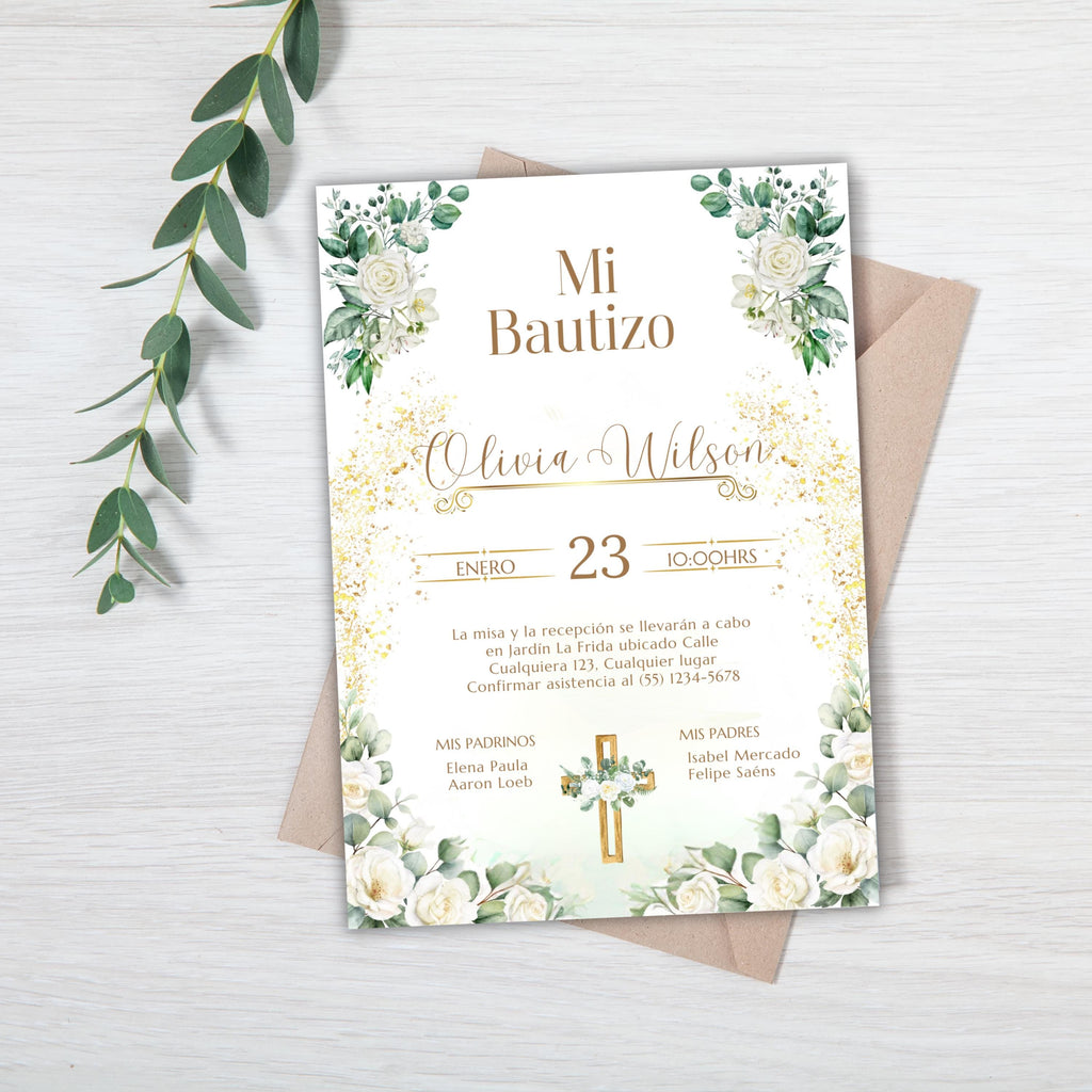 Baptism Invitation, Invitacion de Bautizo, Floral Boho Elegant Invitation for Religious Event