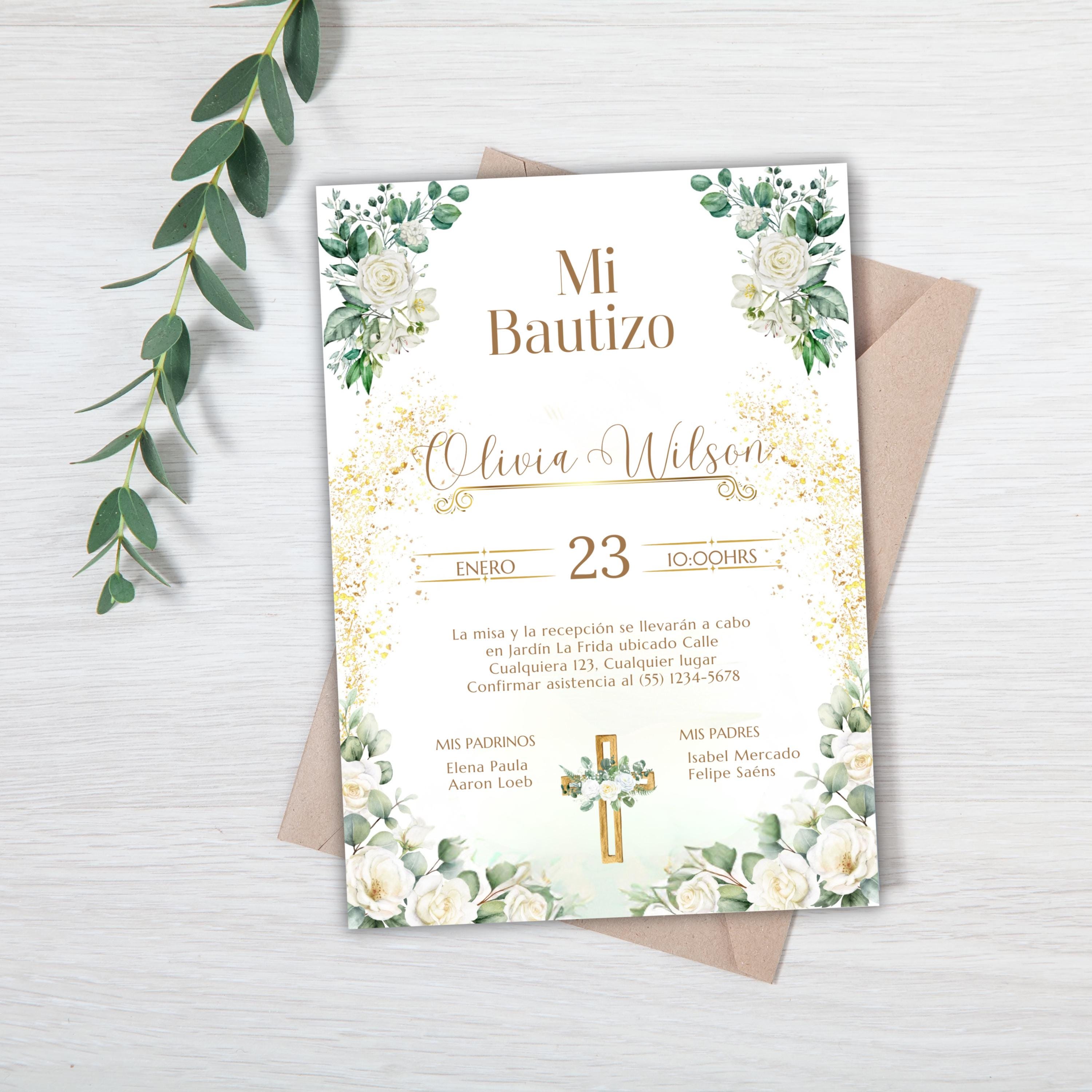 Baptism Invitation, Invitacion de Bautizo, Floral Boho Elegant Invitation for Religious Event