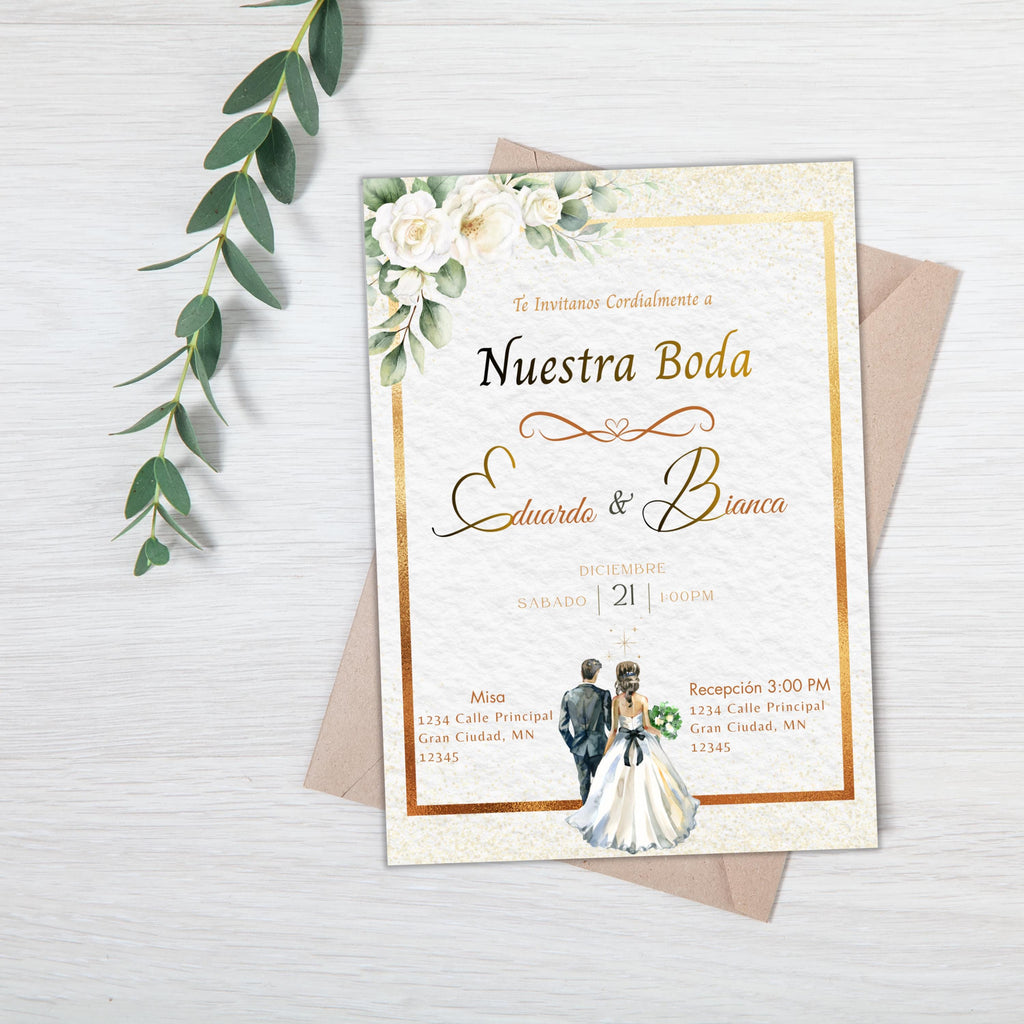 Elegant Spanish Wedding Invitation, Gold Floral design Template, Bilingual Editable Digital Invite