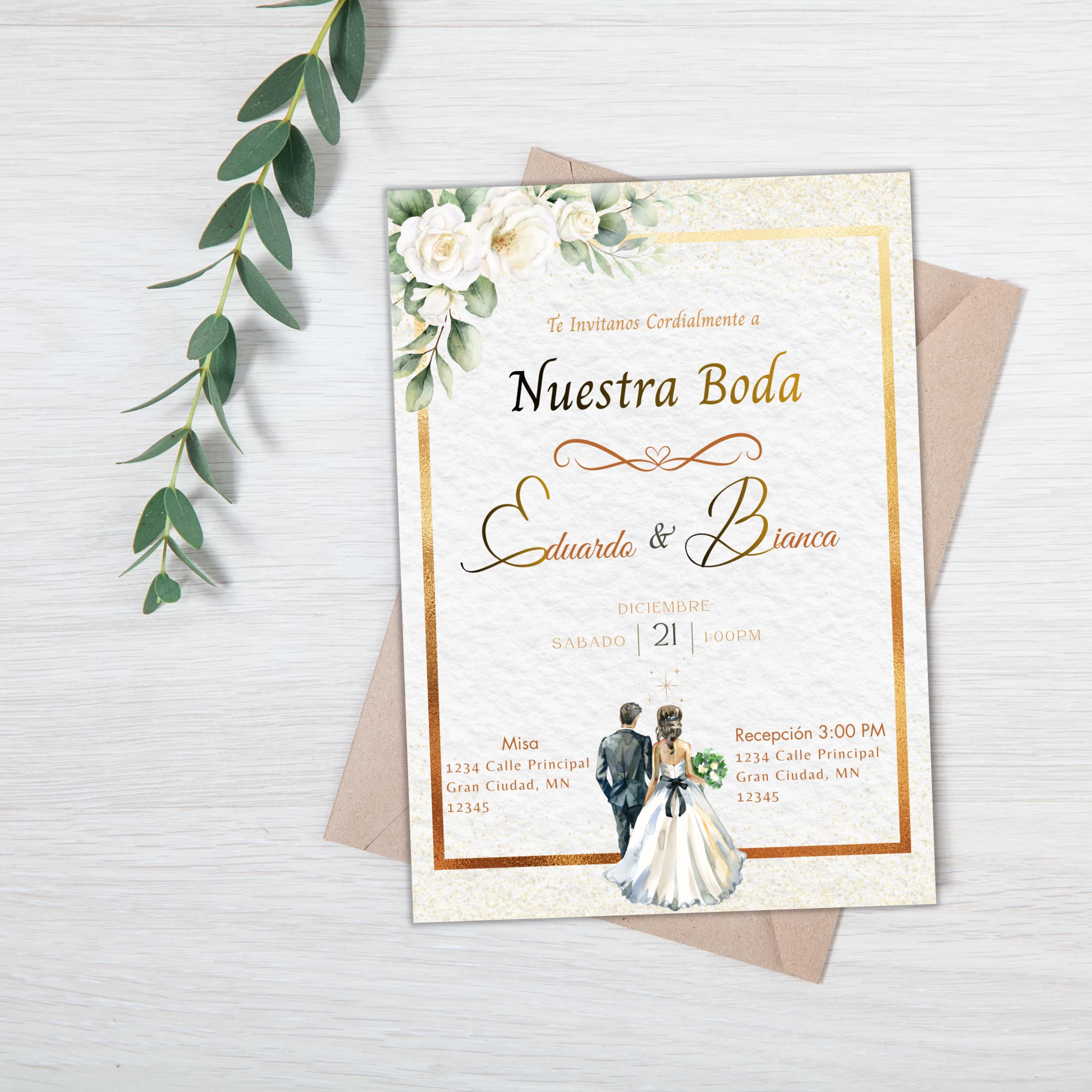 Elegant Spanish Wedding Invitation, Gold Floral design Template, Bilingual Editable Digital Invite