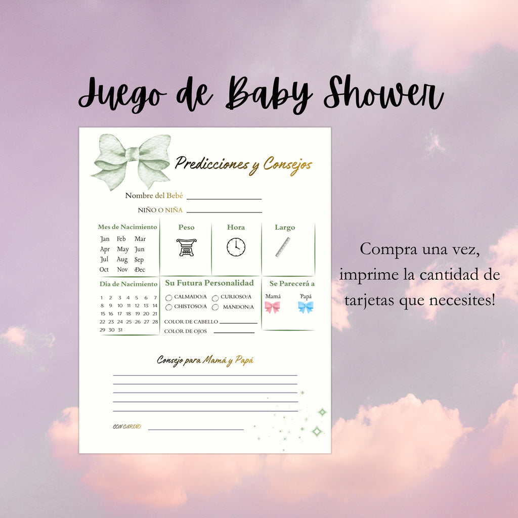 Spanish Baby Shower Prediction and Advice Card Printable, Gender Neutral Green Baby Activity Game
