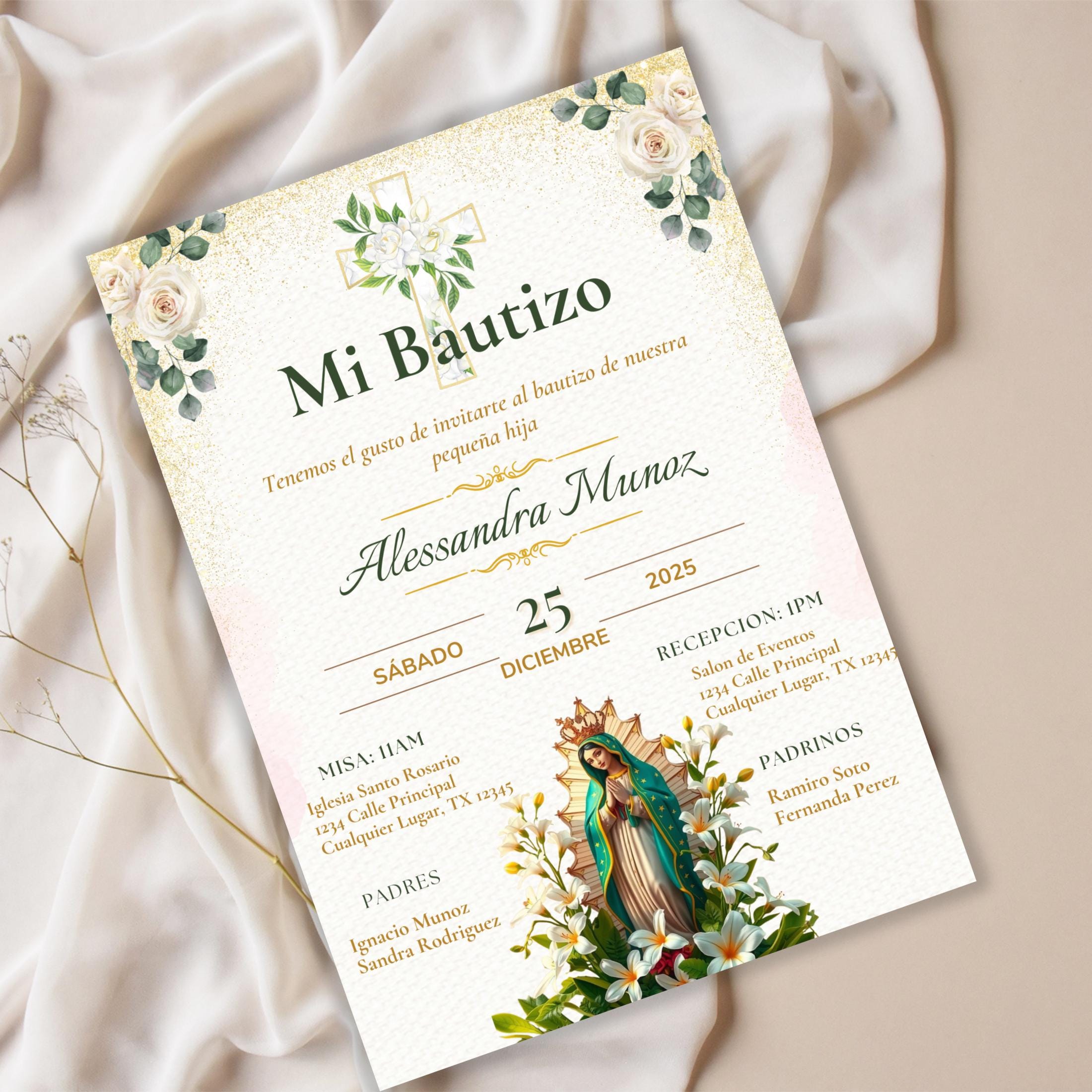 Virgen de Guadalupe Baptism Invitation: Spanish/English Boho Floral Religious Invite (Digital Download)