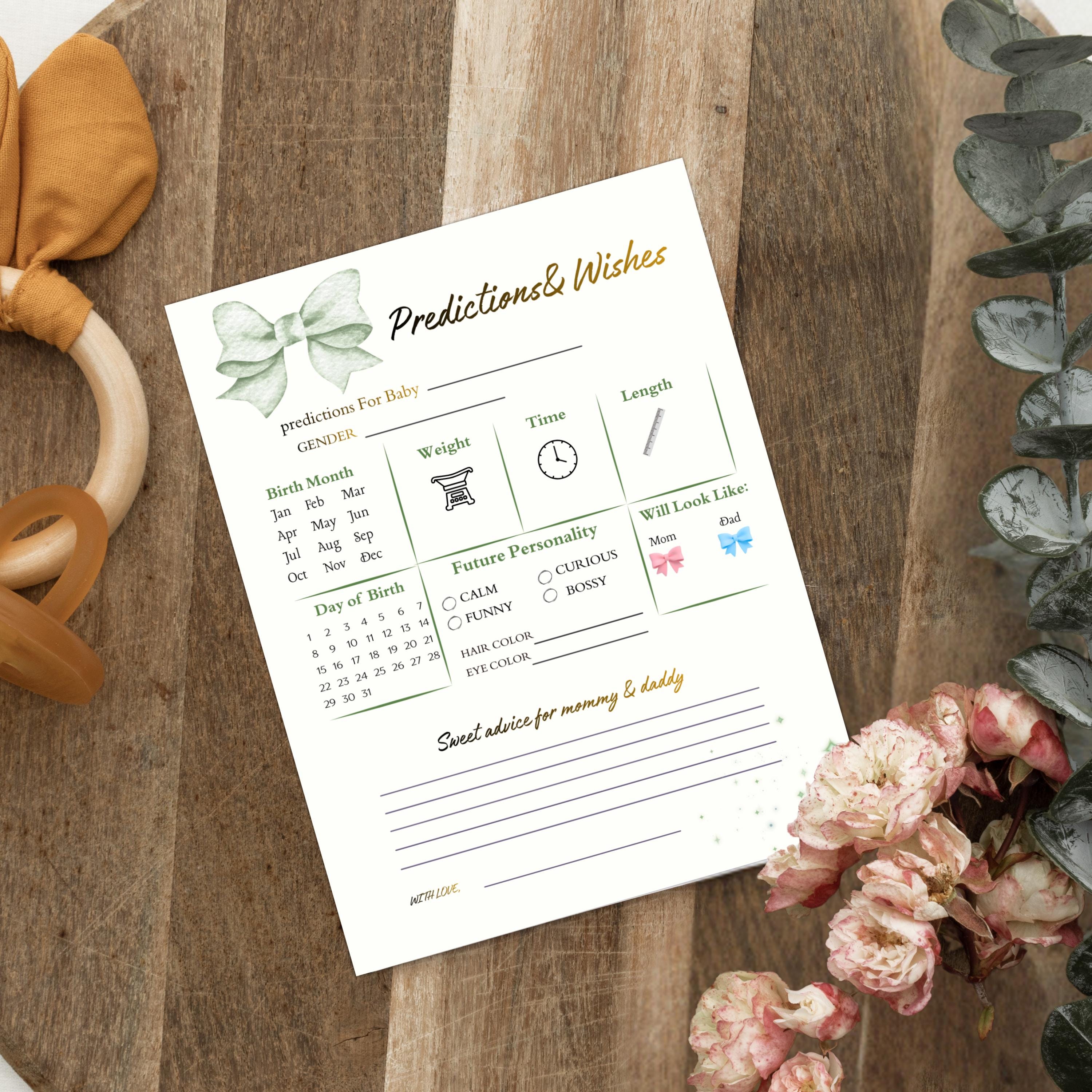 Baby Shower Prediction And Wishes Card, Boho Gender Neutral, Green Printable Cards, Digital Download