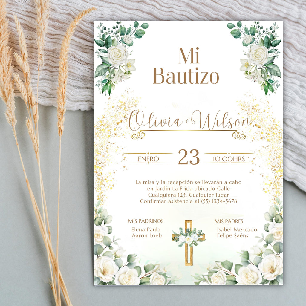 Baptism Invitation, Invitacion de Bautizo, Floral Boho Elegant Invitation for Religious Event