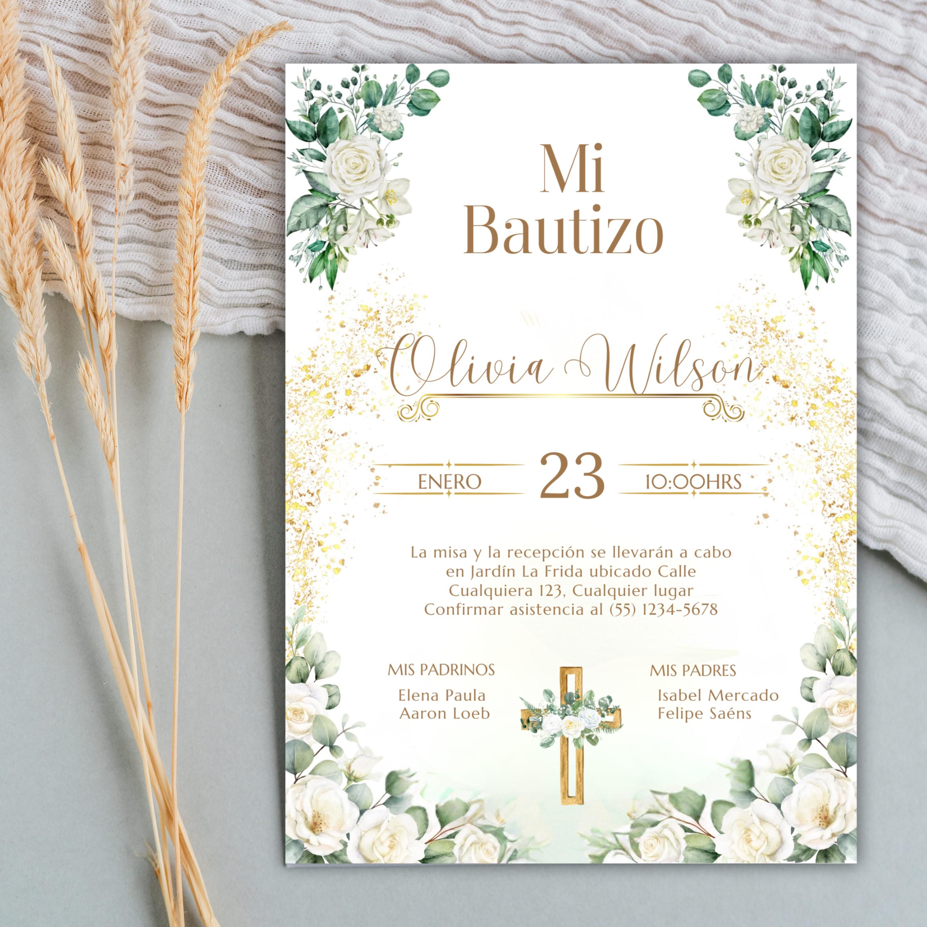 Baptism Invitation, Invitacion de Bautizo, Floral Boho Elegant Invitation for Religious Event